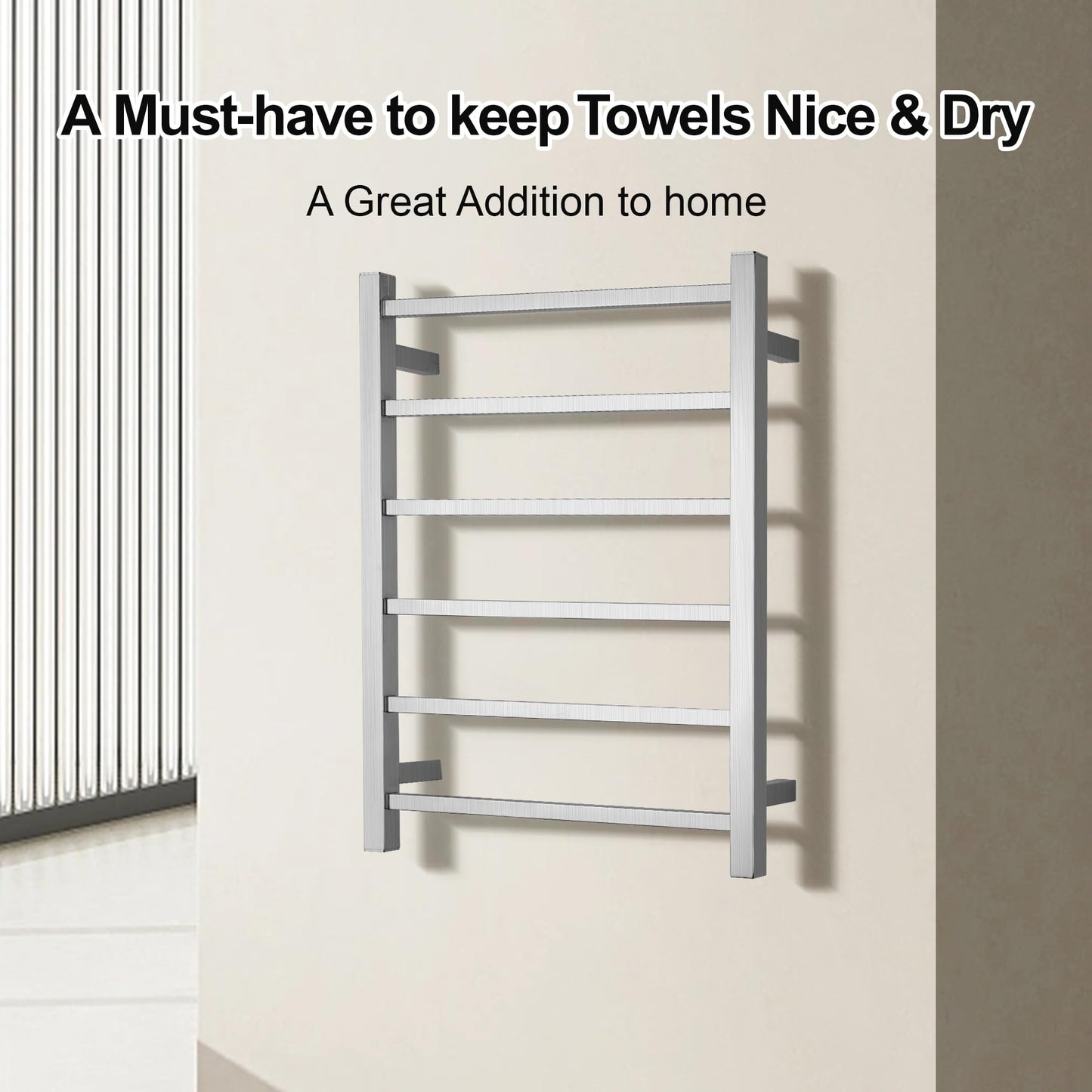 SHARNDY Towel Warmer Brushed Nickel for Bathroom Wall Mounted Bath Towel Heater Plug-in Square 6 Bars Drying Rack Stainless Steel Electric Heated Towel Rack 80W 27.48x21.57x2.17inches ETW13