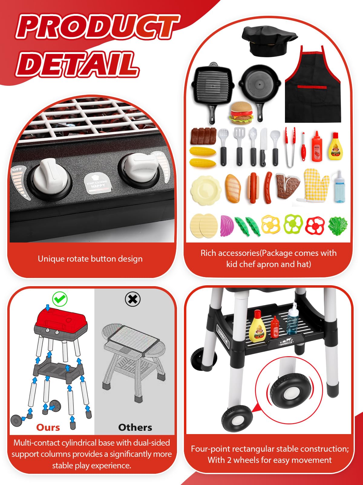 Kids Kitchen Toy Barbecue Grill Playset Cooking Interactive Toys with Smoke Sound Light Simulation Chef Apron Hat Little Chef Pretend Play Accessories Christmas Birthday Gift for Boys Girls