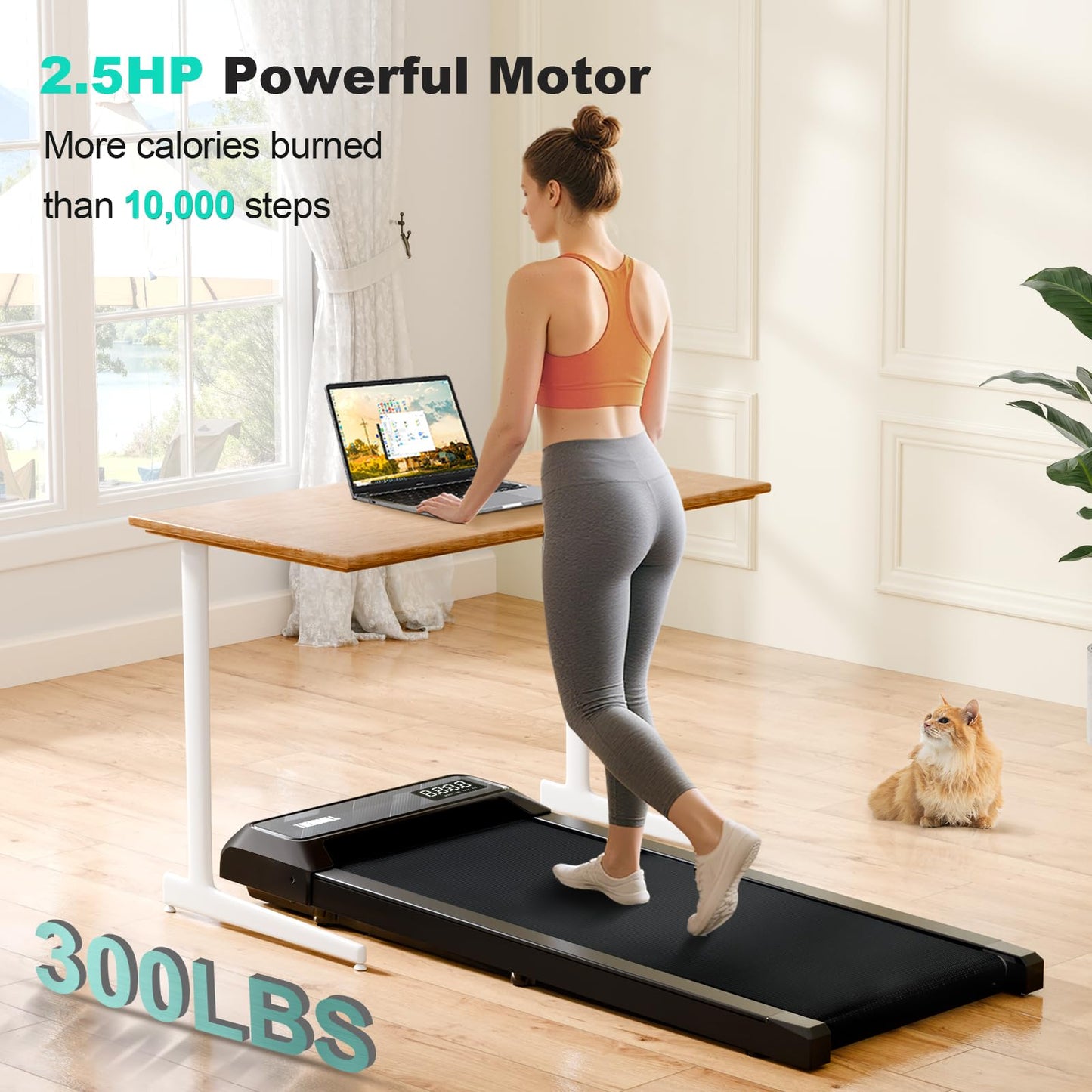 MoonFox Walking Pad Treadmill, 3 in 1 Under Desk Treadmill for Home Office w/2.5HP Motor/4.0MPH/45dB, Walking Pad w/Safety Handle/Remote/LED Display, Portable Treadmills Supports Up to 300lbs, Black