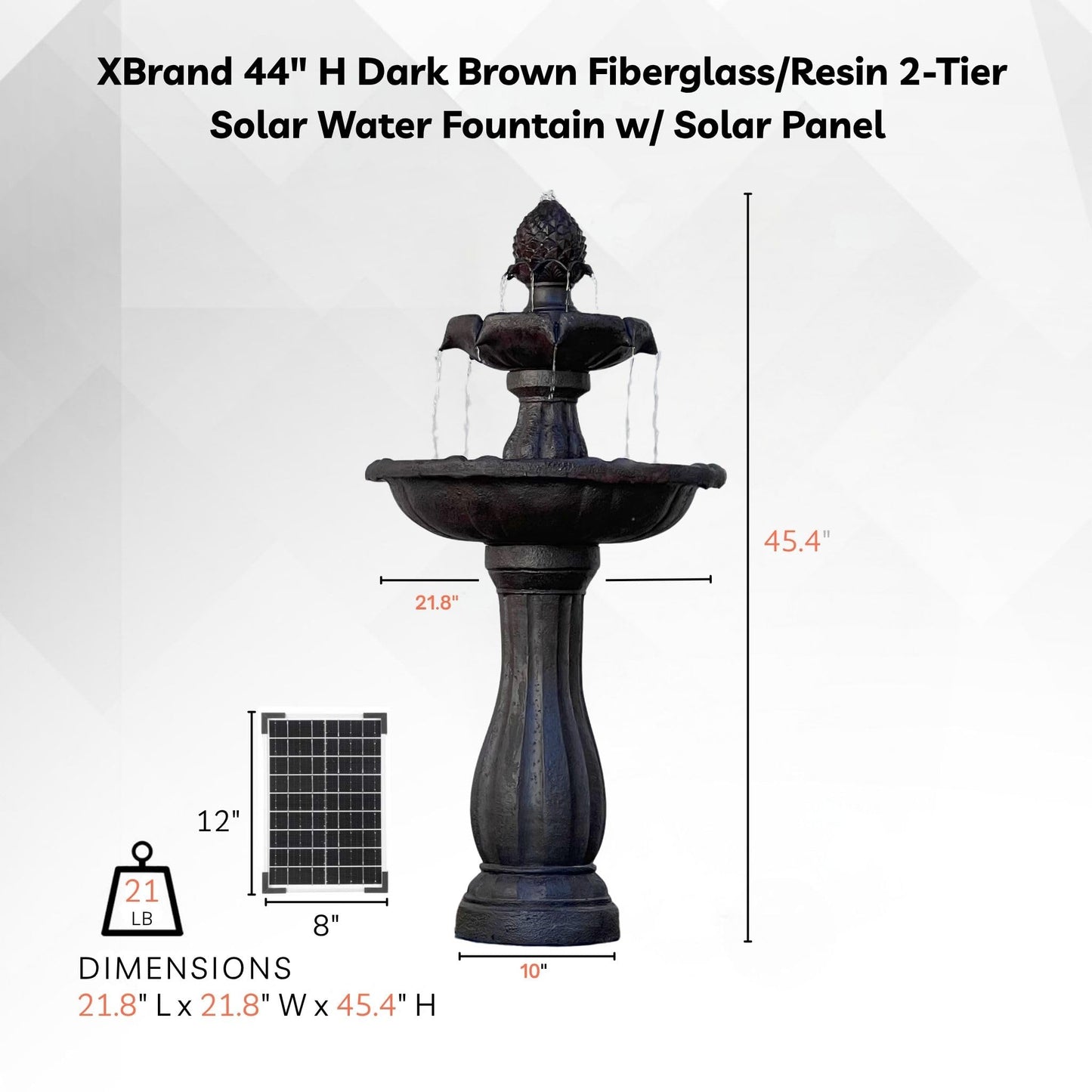 XBrand 44" 2-Tier Solar Water Fountain, Fiberglass/Resin Outdoor Fountain with Solar Panel & Auto Shut-Off Pump, Dark Brown