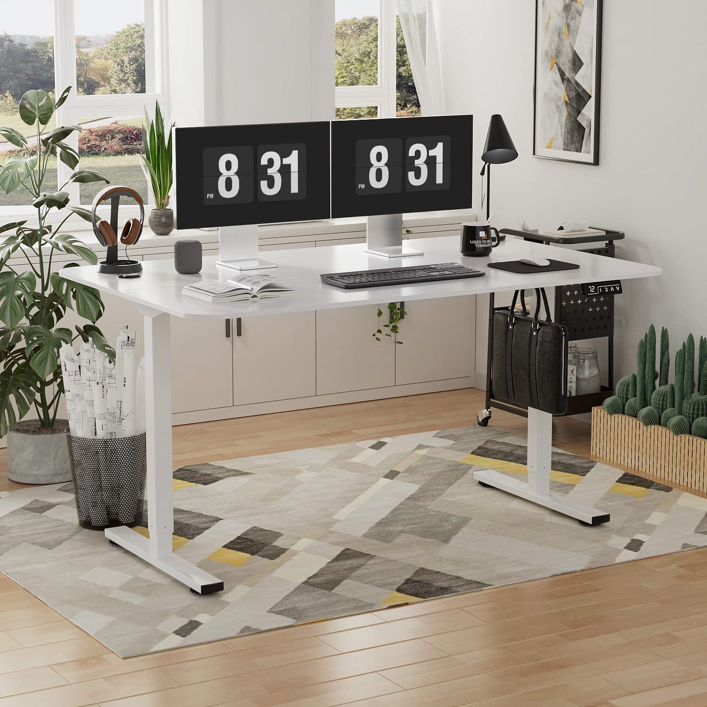YESHOMY Height Adjustable Electric Standing Desk, 55 inch Computer Table, Home Office Workstation, White Leg/White Top