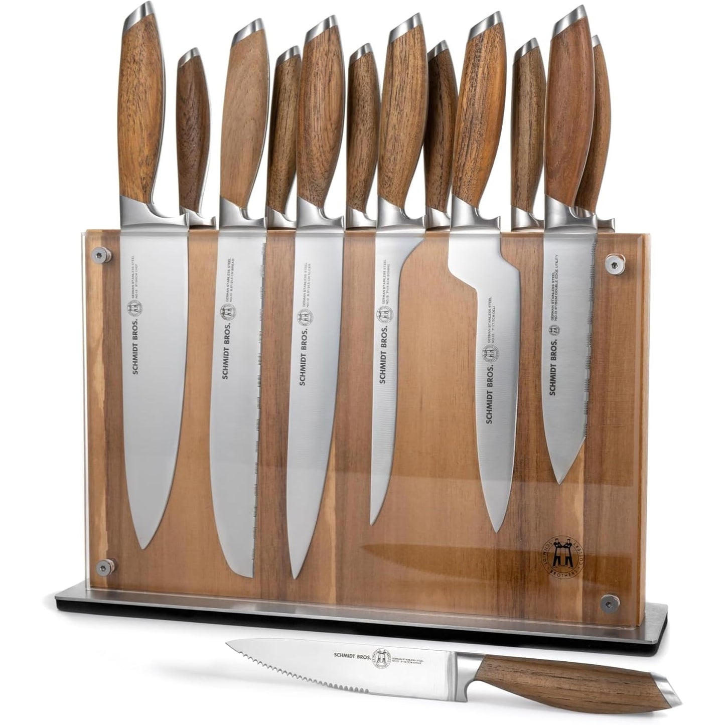 Schmidt Brothers - Bonded Teak, 15-Piece Knife Set, High-Carbon Stainless Steel Cutlery with Acacia and Acrylic Magnetic Knife Block and Knife Sharpener