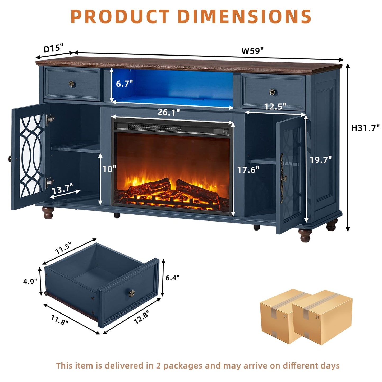 Joaxswe Farmhouse Fireplace TV Stand, 59" Entertainment Center with Electric Fireplace & LED Lights for TVs up to 65'', Glass Door Fire Place TV Stands for Living Room, Media Console w/Drawers, Blue