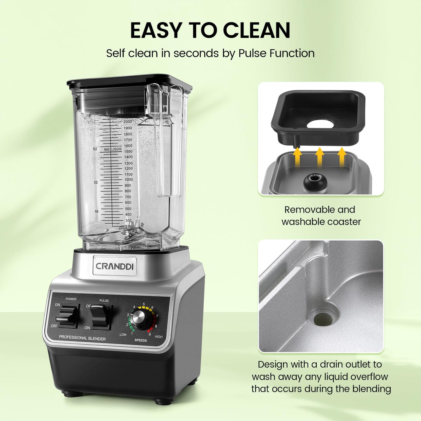CRANDDI Professional Commercial Blender, Max 1500W, 80oz Pitcher, Powerful Blender with Tamper for Smoothie, Ice Crushing, Variable 9 Speeds Control,110V, K96, Black
