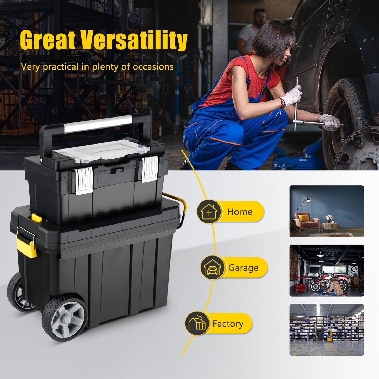Goplus 2-in-1 Tool Box Portable Rolling Toolbox Storage Solution Multi-Purpose Plastic Organizer Set Mobile Workshop with Wheels