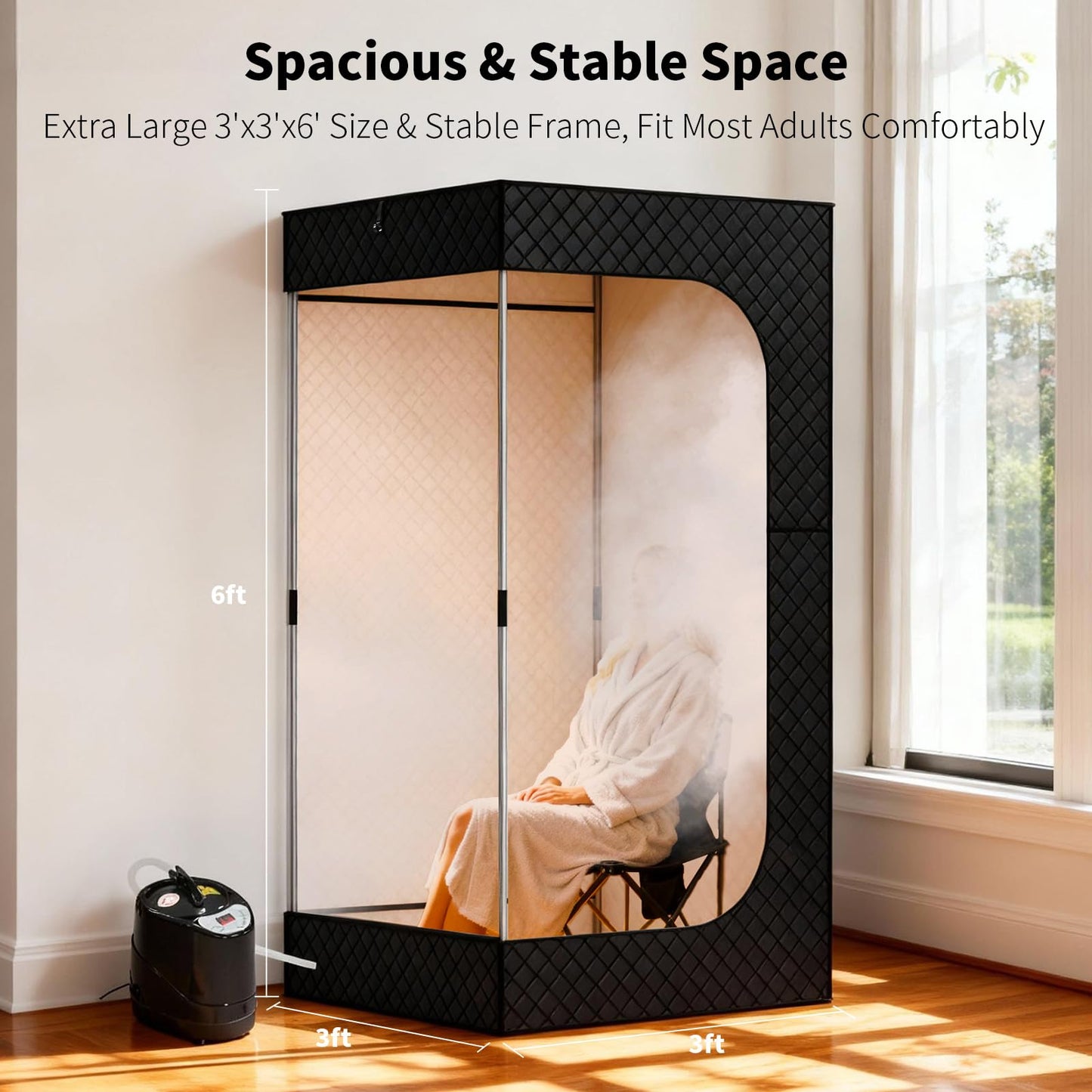 Sauna Box - Portable Sauna for Home with Upgraded 3L 1500W Steamer, Folding Chair and Non-Slip Mat for Relaxation Spa, 5-Layer Waterproof & Insulated Steam Saunas Tent, 3 * 3 * 6ft, Larger (Black)