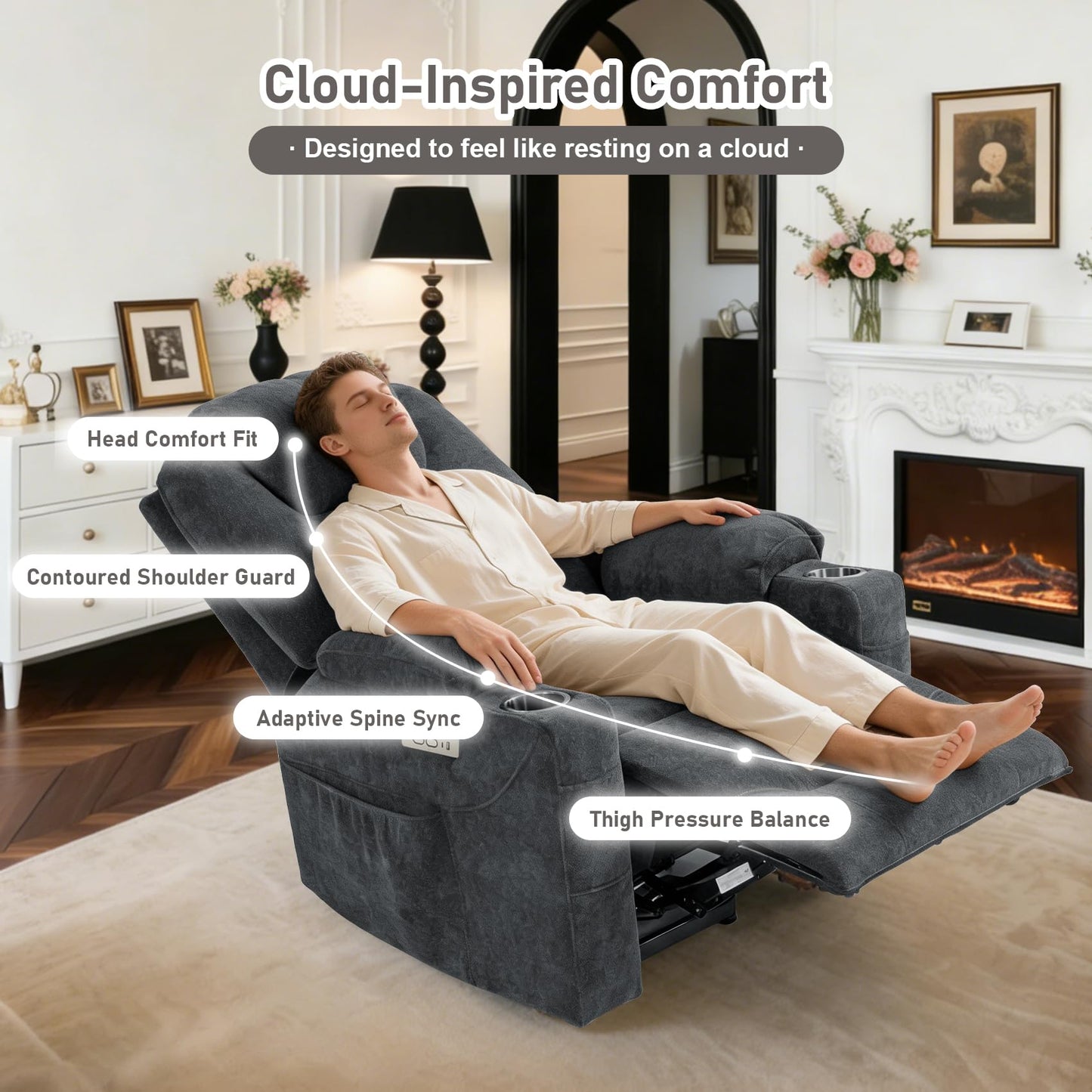 RHHVVR Electric Lift Recliner Chair, Overstuffed Zero-Gravity Recliner with Assisted Standing, Extra Wide Sofa with 8-Point Vibration Massage & Lumbar Heating, Medium-Soft, Grey