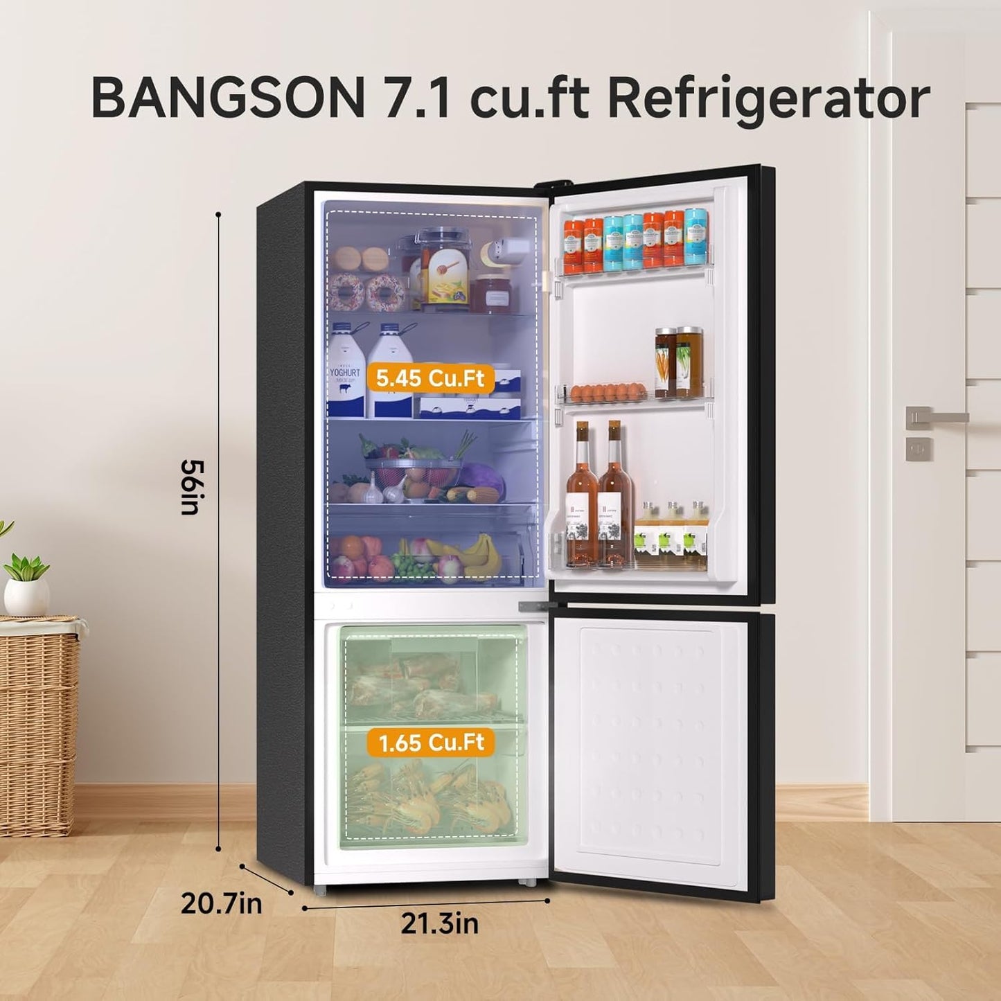 BANGSON 7.1 Cu.Ft Refrigerator with Freezer, Apartment Size Fridge with Bottom Freezer, for Apartment, Office, Kitchen and Garage, Stainless Steel, Silver