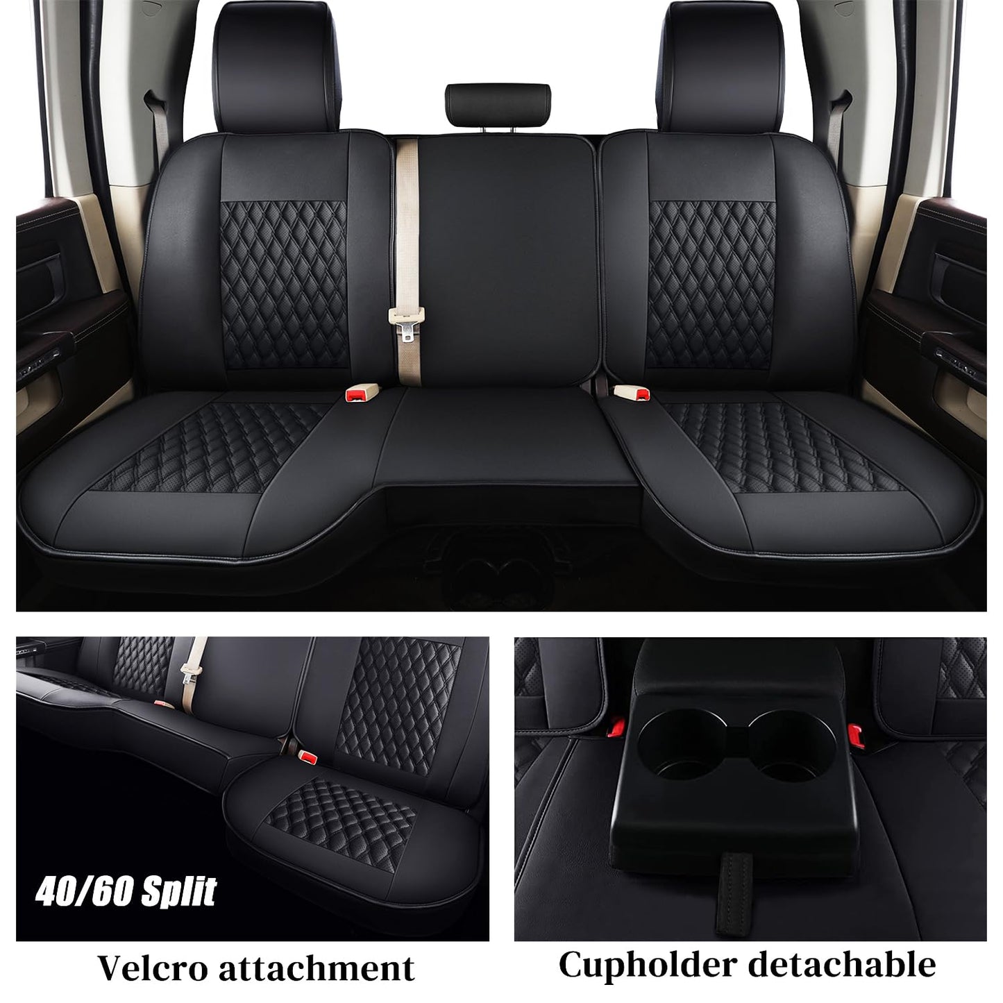 Coverado Leather Car Seat Covers Full Set, Dodge Waterproof Seat Covers for Car Fit for 2009-2018 Dodge RAM 1500, 2010-2024 2500 3500 Automotive Vehicle Seat Covers Protector for Trucks, Black
