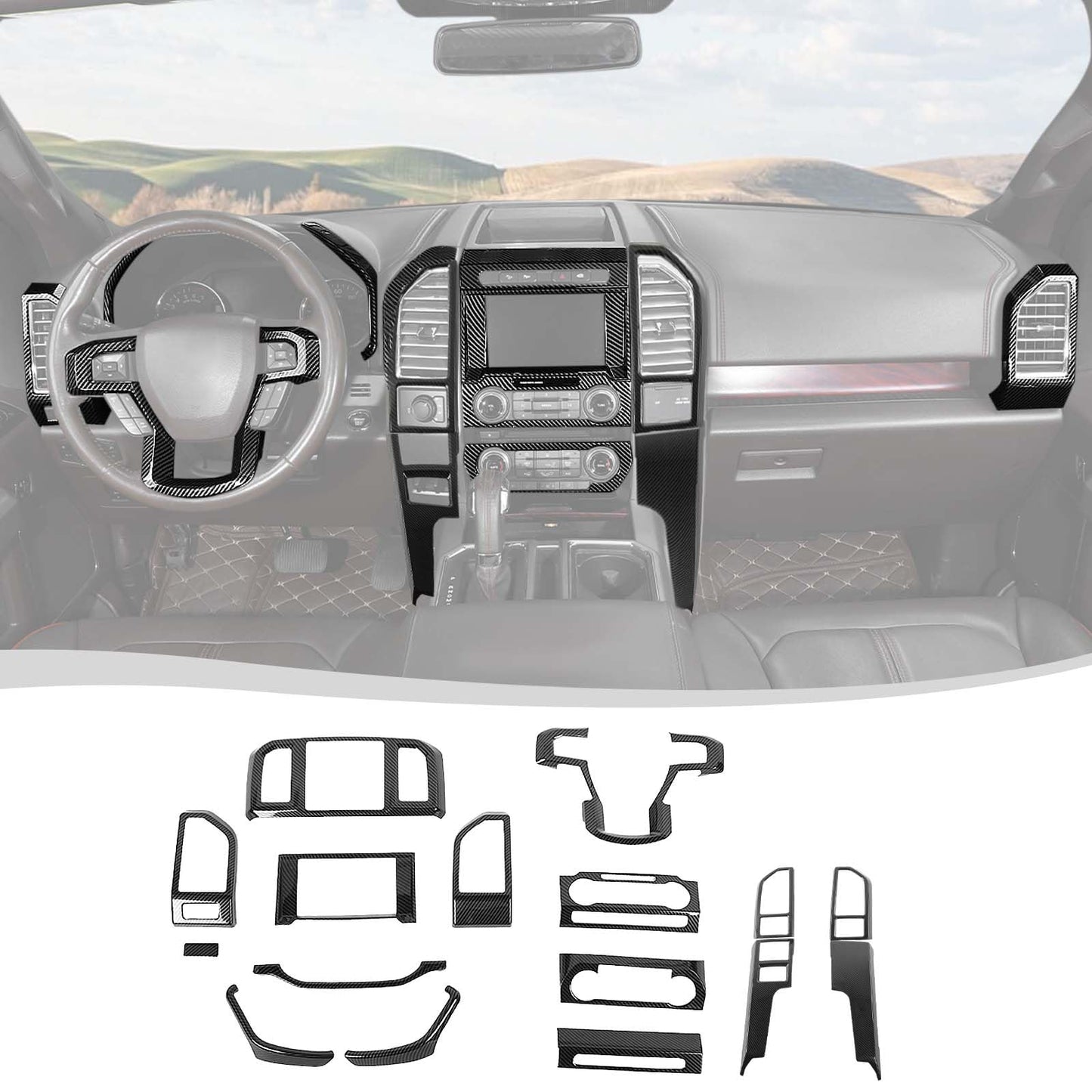 Voodonala for Ford F150 2015-2020 Center Console Dash Trim Kits 16Pcs Interior Decoration Panel Kits Compatible for Ford F150 F250 F350 2015-2020(16pcs,ABS,Carbon Fiber Black)