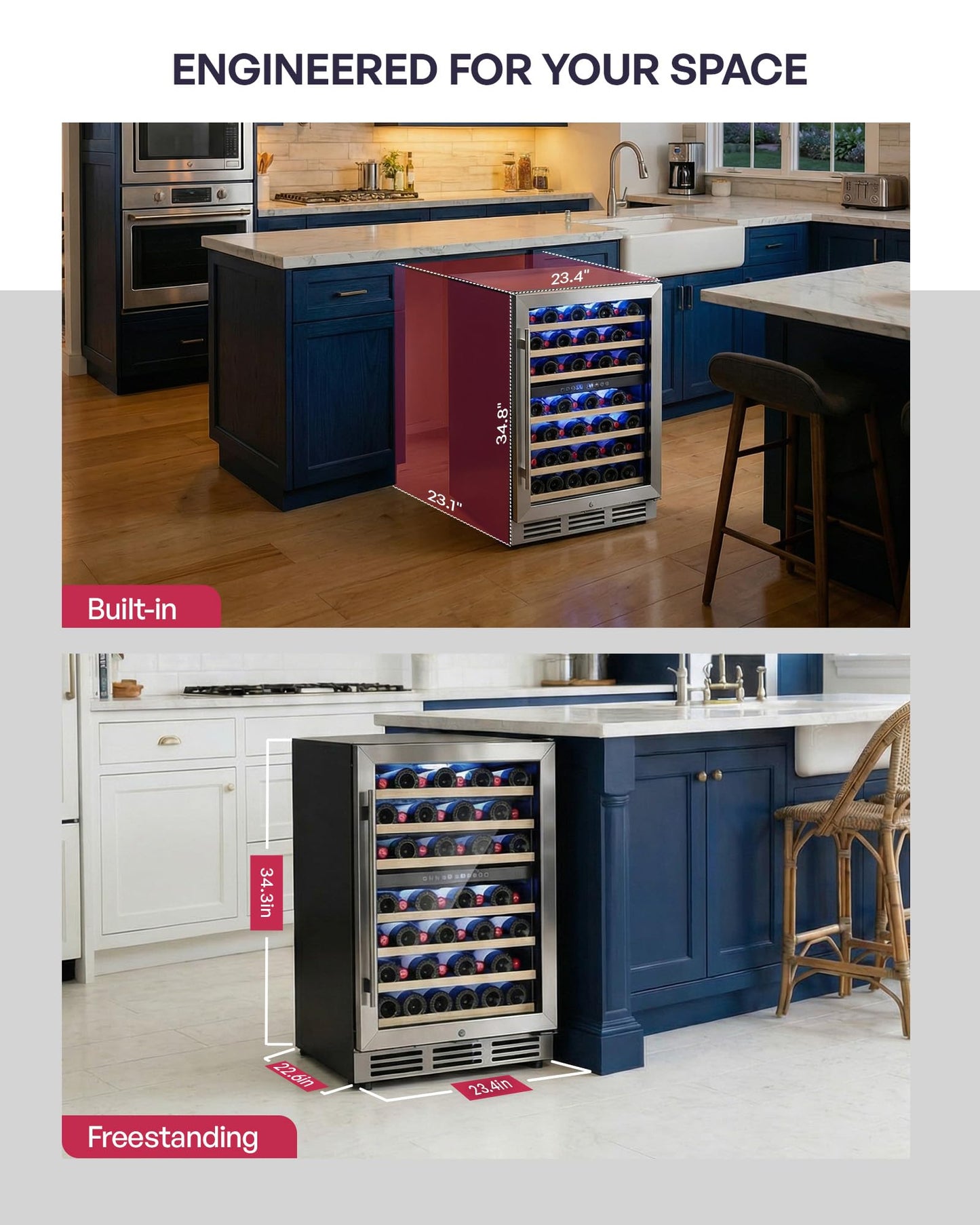 Icyglee 24 inch Wine Fridge Cooler, 54 Bottle Dual Zone Wine Fridge, 40-65°F Built in&Freestanding Under Counter Wine Refrigerator with glass door, Wine Cooler for Home Office, Safety Lock