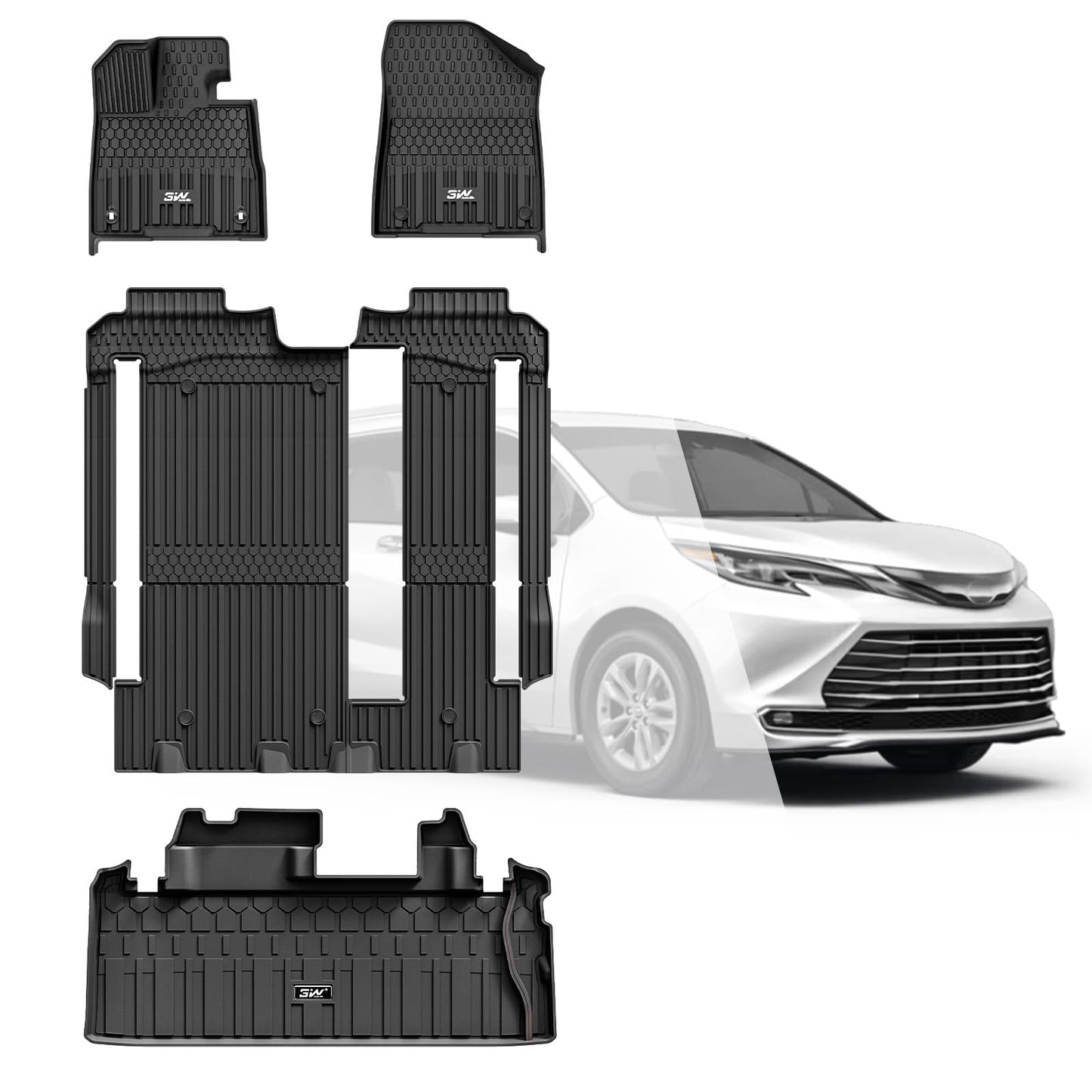 3W Floor Mats & Trunk Mat for Toyota Sienna 2021-2026 LE/XLE(Only for 8 Seat), TPE All Weather Custom Fit Floor Liner for Sienna 1st, 2nd and 3rd Row and Cargo Mat, Black