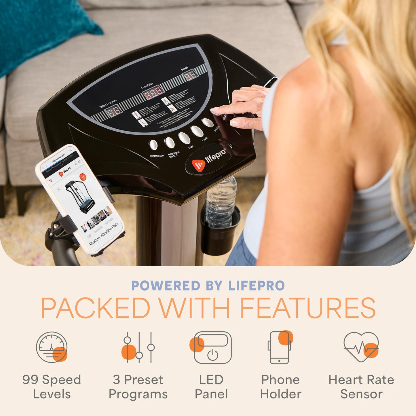 Lifepro Rhythm Vibration Plate Exercise Machine with Handles for Balance Support – Vibrating Plate for Lymphatic Drainage, Circulation & Recovery, Heart Rate Sensor, Phone Holder, 99 Speed Levels