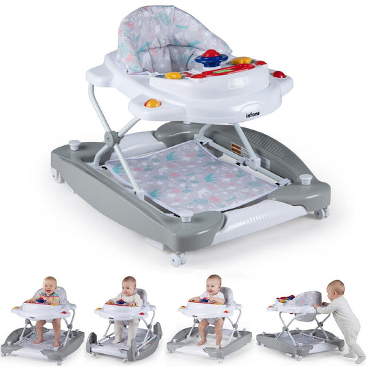 INFANS Baby Walker, 5 in 1 Behind Walker Learning Seated Rocker Bouncer with Removable Music Tray, Adjustable Height, Washable Seat Cushion, Foldable Activity Center for Toddlers (Light Gray)