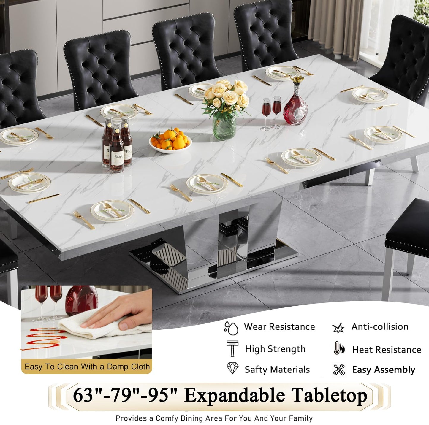 7-Piece Faux Marble Dining Table Set for 6, 63-94.5" Large Extendable Kitchen Table Set with 6 Black Tufted Chairs, Modern Expandable Dining Room Table for 6 8 10 with Mirrored Double Column Base