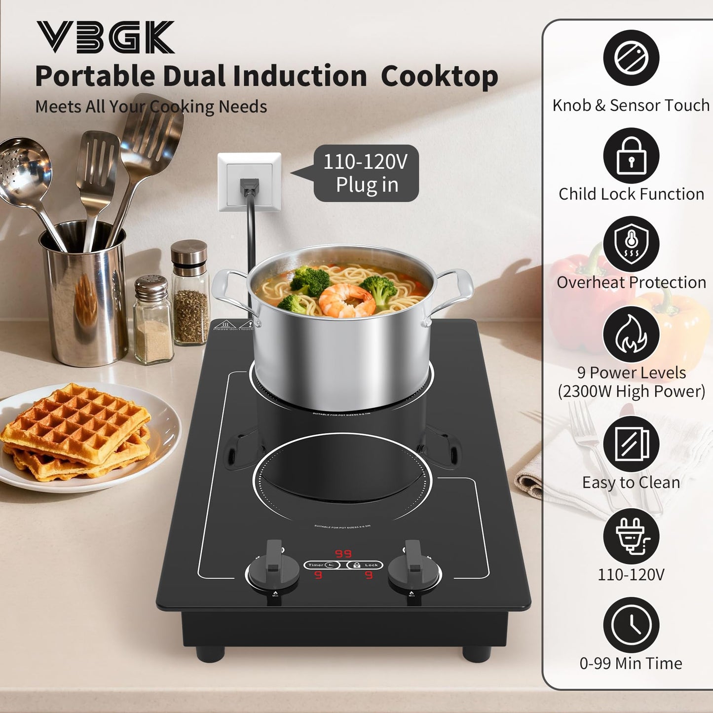 VBGK 2 burner Induction cooktop,110V 2300W double burner hot plate with LED Touch Screen, 9 Power Levels, Kids Lock & Timer, Overheat Protection, knob and touch control Double Induction Cooktop