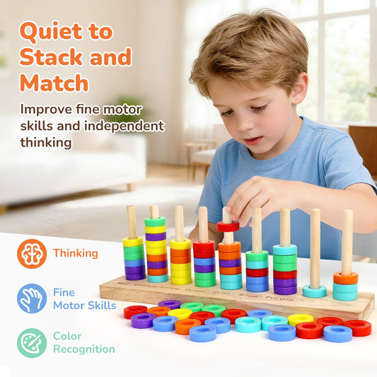 Color Sorting Stacking Game Toys, 7 Colors Ring Stack Challenge Puzzle Game, Wooden Rings Color Matching & Stacking Toys for Kids, Competitive Tabletop Game for Family Night, Gifts for Boys and Girls