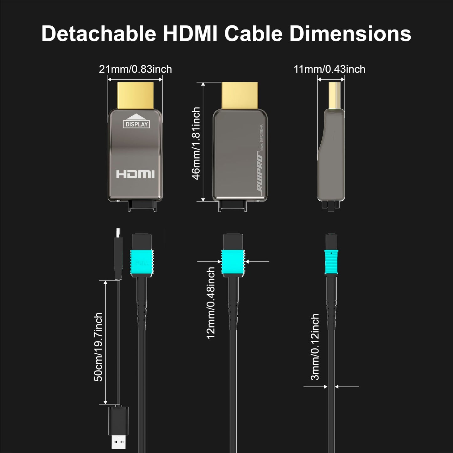 RUIPRO 8K Detachable Full Fiber Optic Armored HDMI 2.1 Cable 33FT, Ultra High Speed 48Gbps, Support 8K@60Hz 4K@120Hz, Dynamic HDR, eARC, Compatible with PS5/Xbox/Blu-ray/TV/Monitor/Projector
