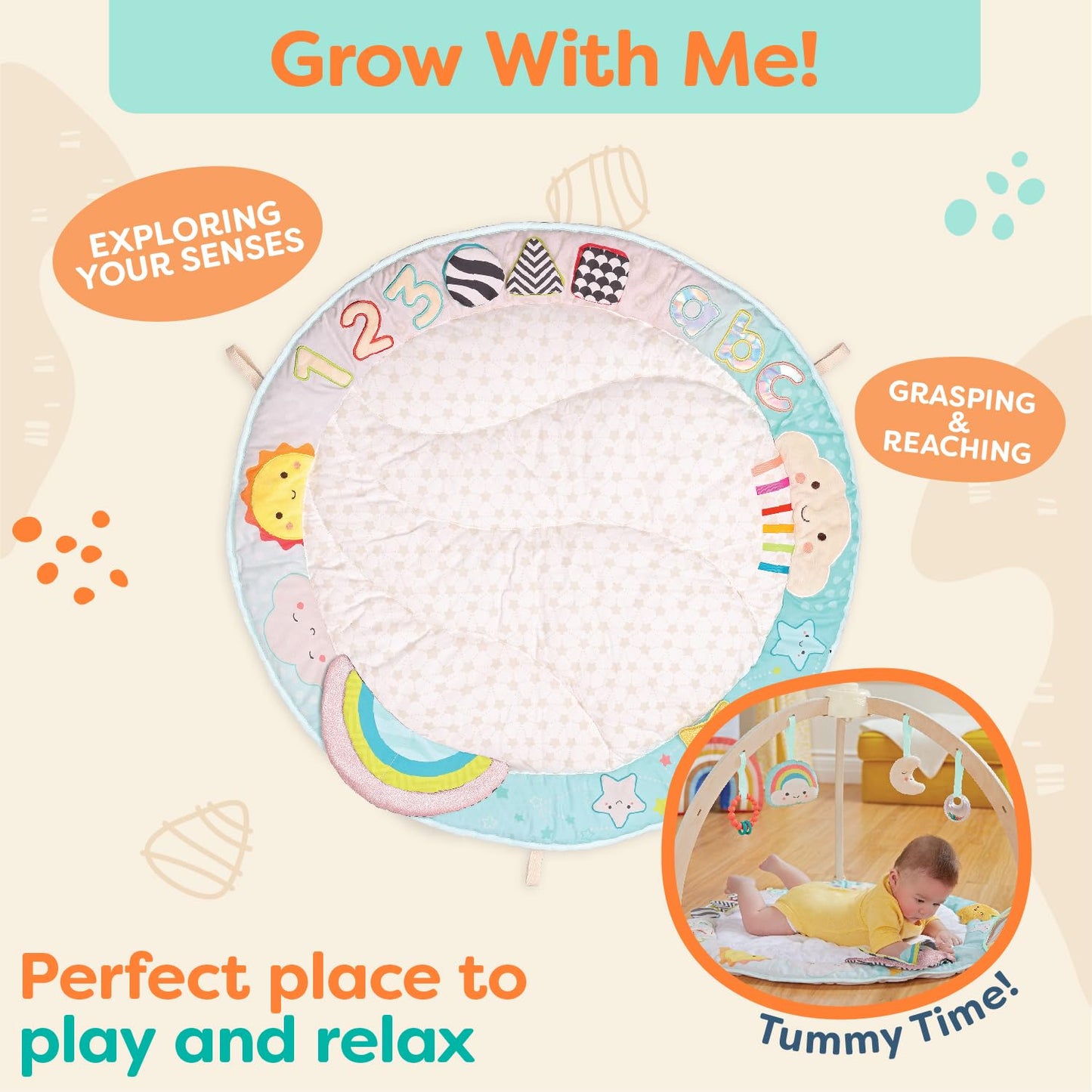 B. toys – Wooden Baby Gym & Soft Play Mat with 5 Hanging Sensory Toys for Newborns – Sunrise to Sunset Design – Tummy Time & Motor Skills – for Babies 0+ Months
