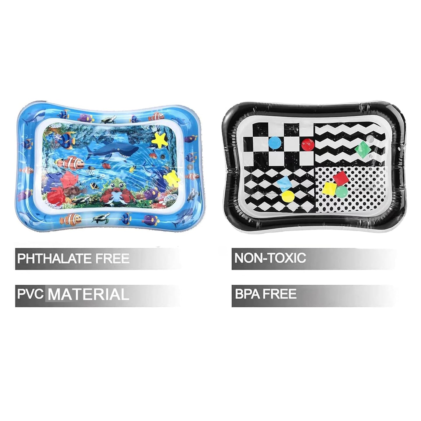 PandaEar 2-Pack Tummy Time Water Mat for Baby 3-36 Months - High Contrast Black & White + Ocean Sensory Play Mat - BPA-Free Leak-Proof Inflatable Infant Toys for Brain Development & Motor Skills