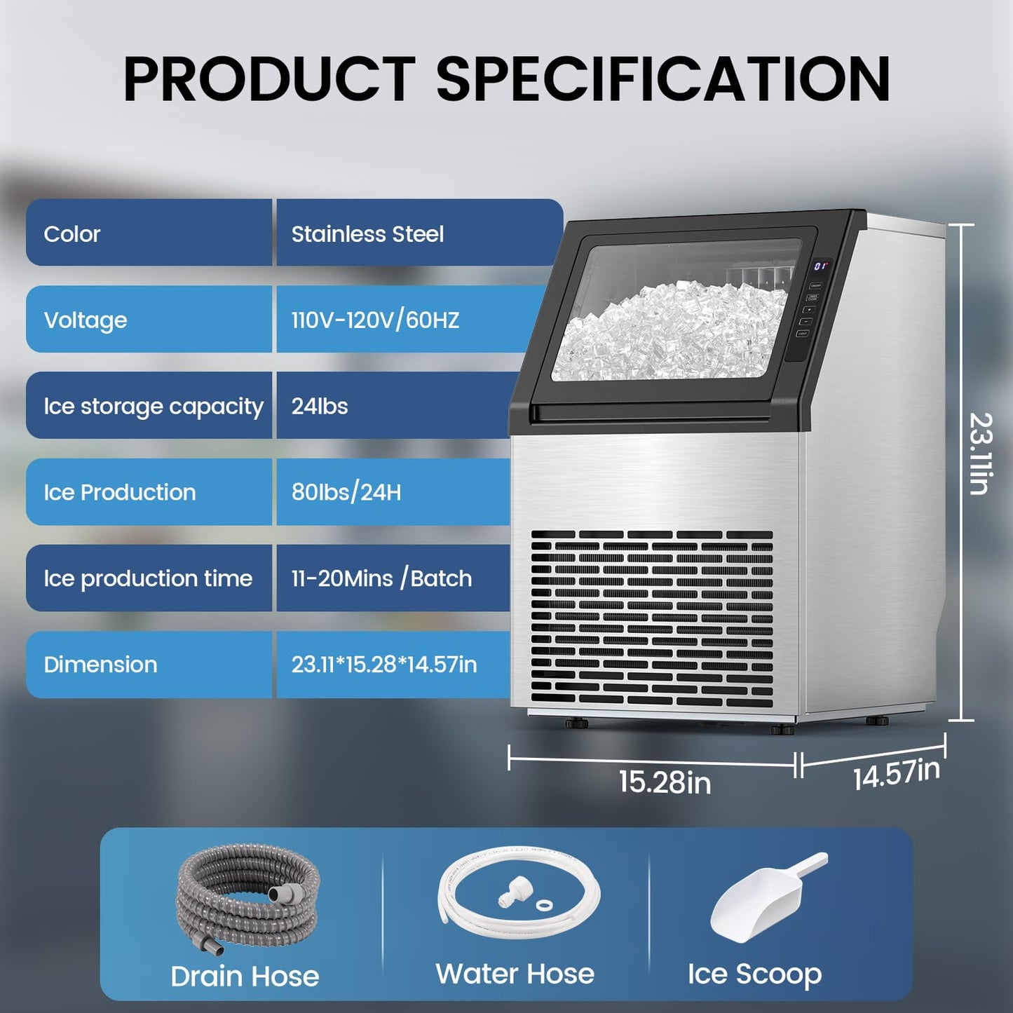 Commercial Ice Maker Machine, 80Lbs/24H Undercounter ice Machine with 28Lbs Ice Storage Capacity, Auto Self-Cleaning, Stainless Steel Freestanding Ice Maker for Home/Bar/Restaurant/Outdoor