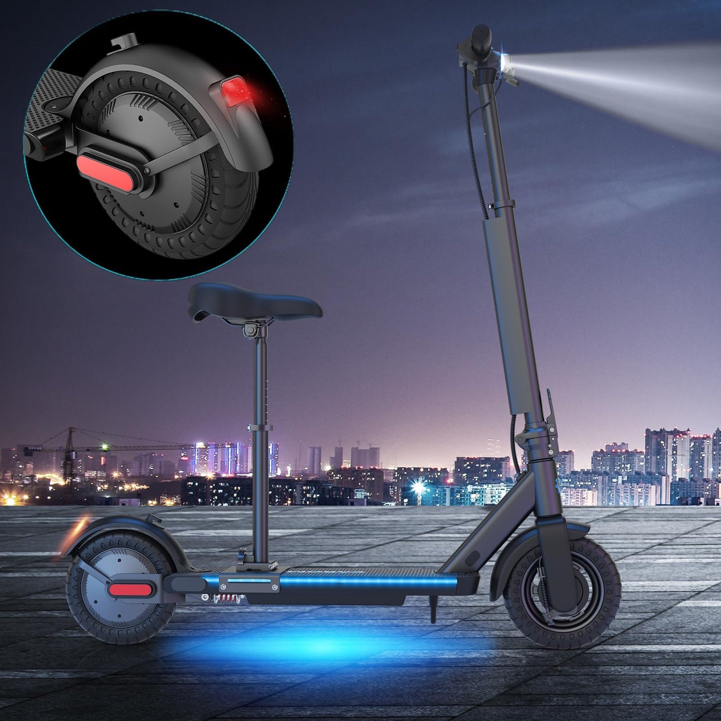 Caroma Electric Scooter 500W, Portable Folding Electric Scooter for Adults with Detachable Seat, 9" Solid Tires, Fast Commuting E Scooter w/Braking System & Shock Absorption,Blue