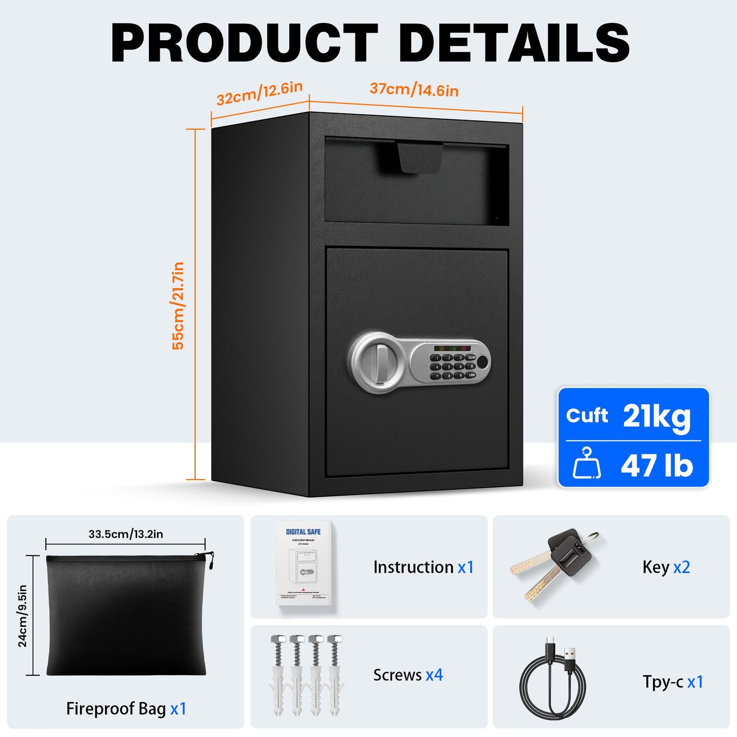TOTOY 5.0 Cu Ft Fireproof Biometric Deposit Drop Safe- Steel Drop Slot Lock Box, Fingerprint & Digital Keypad Key Lock, External Type-C Backup, Business Safety Box for Cash Money Security