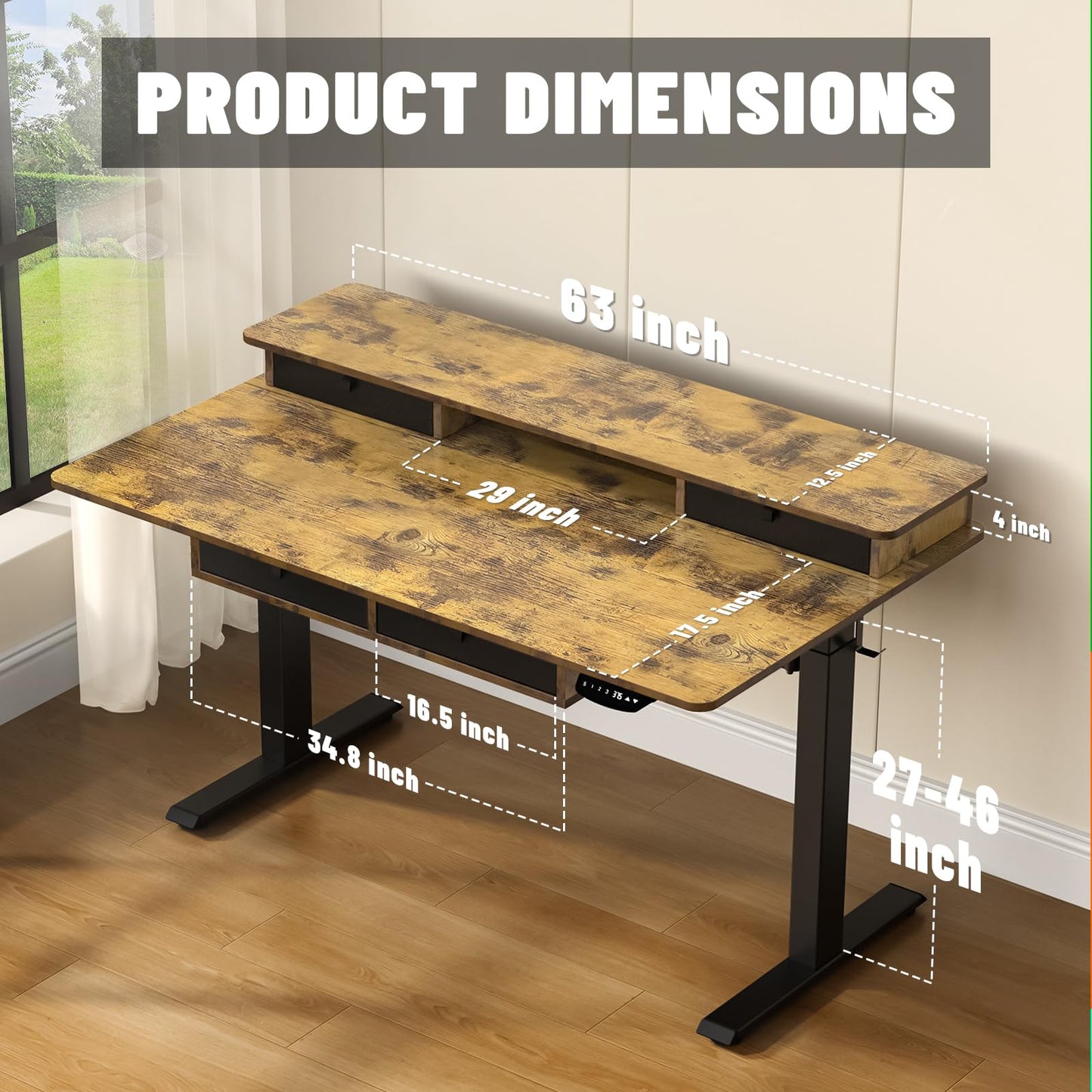 ExaDesk Electric Standing Desk, 63 * 30 Inches Adjustable Height with 4 Drawers, Double Storage Shelves Stand Up Desk, Home Office Workstation Sit Stand up Desk (Rustic Brown)