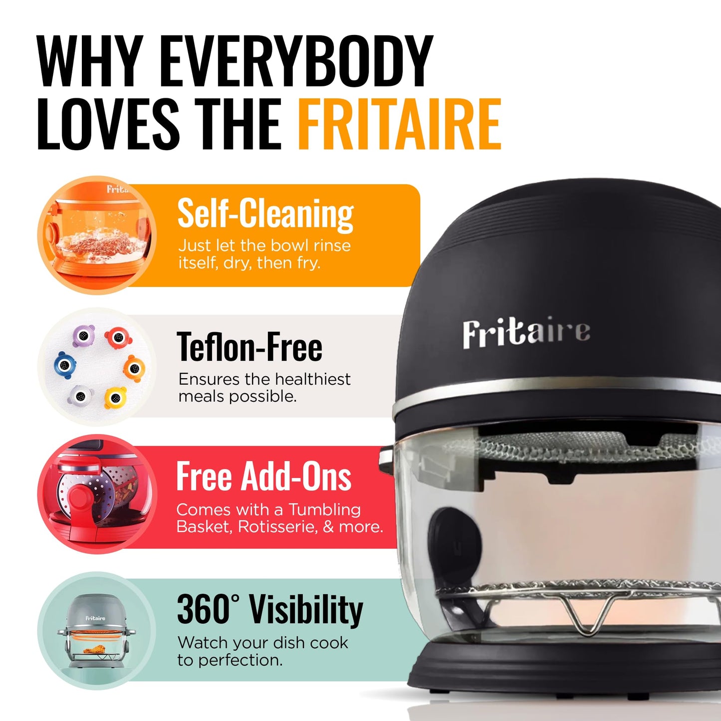 Non Toxic Air Fryer™ Pro | 9-in-1 Glass Air Fryer | Self-Cleaning | 5 Quart | Rotisserie and Tumbler | 400F Vortex For Even Cooking, BPA-Free Teflon Free, Recrisp, Roast, Bake, Black