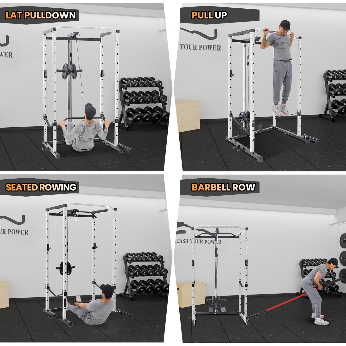 GarveeLife Power Cage, Multi-Function Power Rack with LAT Pulldown, 1600 LBS Weight Capacity Fitness Squat Rack with Cable Pulley System and j-Hooks, Dip Bars and Landmine Attachment for Home Gym