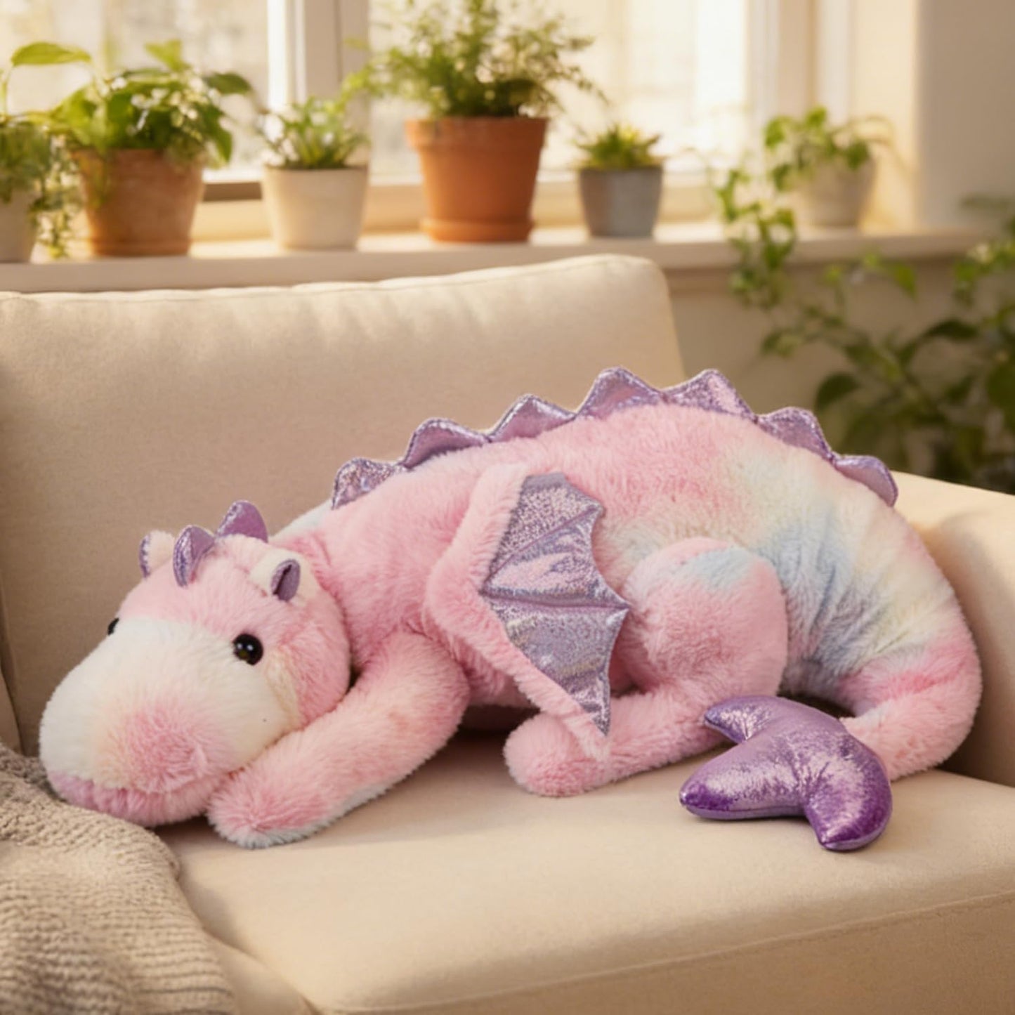 ARELUX Large 36in Cute Dragon Stuffed Animals Plush Toy Soft Colorful Pink Pterosaur Plushie Giant Fuzzy Dinosaur Pillow Plushies with Wings Cuddly for Friends Family Member