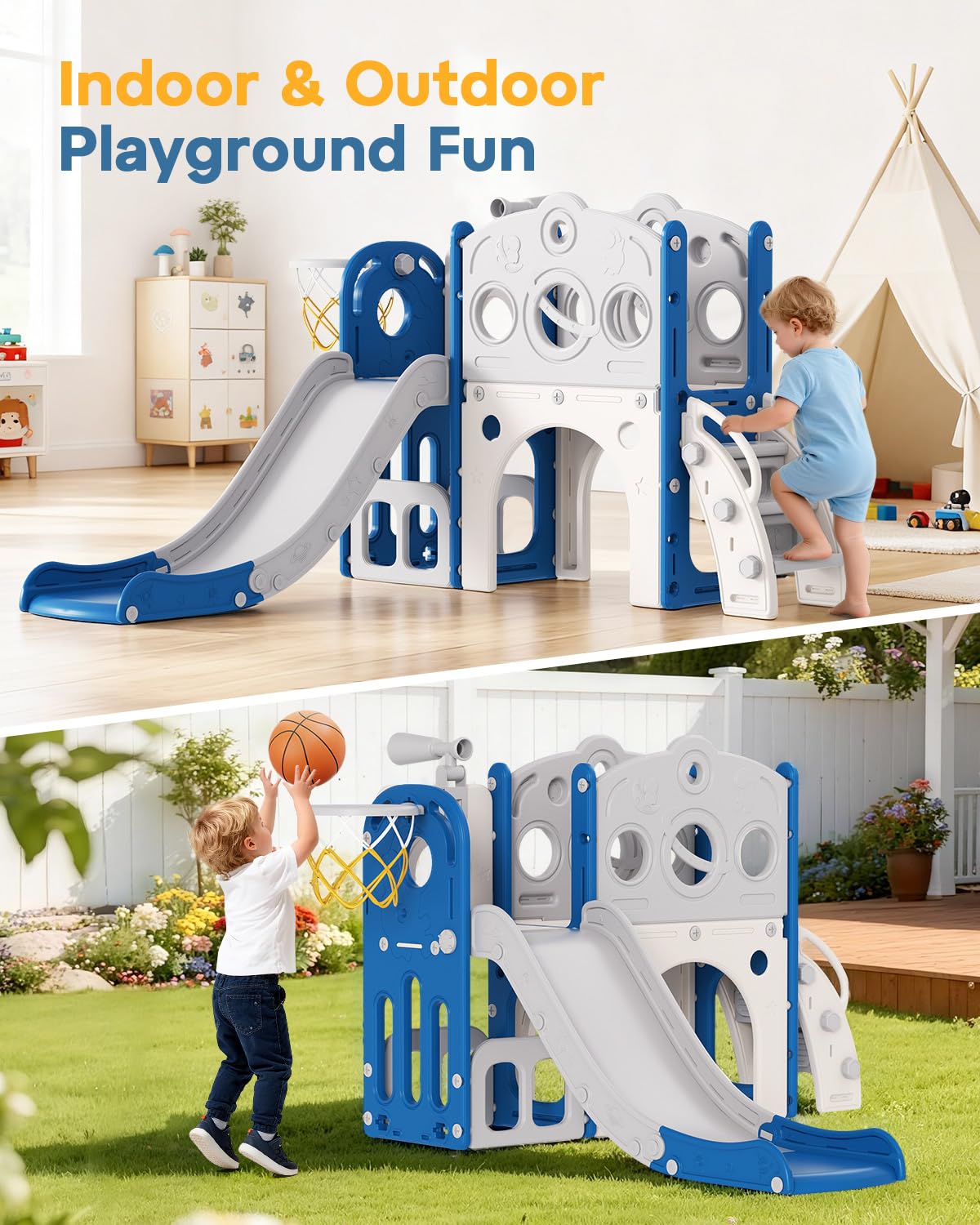 Babytronic Toddler Slide, 8 in 1 Kids Slide with Basketball Hoop, Telescope and Climber, Baby Slide Toddler Playground, Indoor Outdoor Playset for Toddlers Age 1-3, Kids Indoor Playground (Blue&Gray)