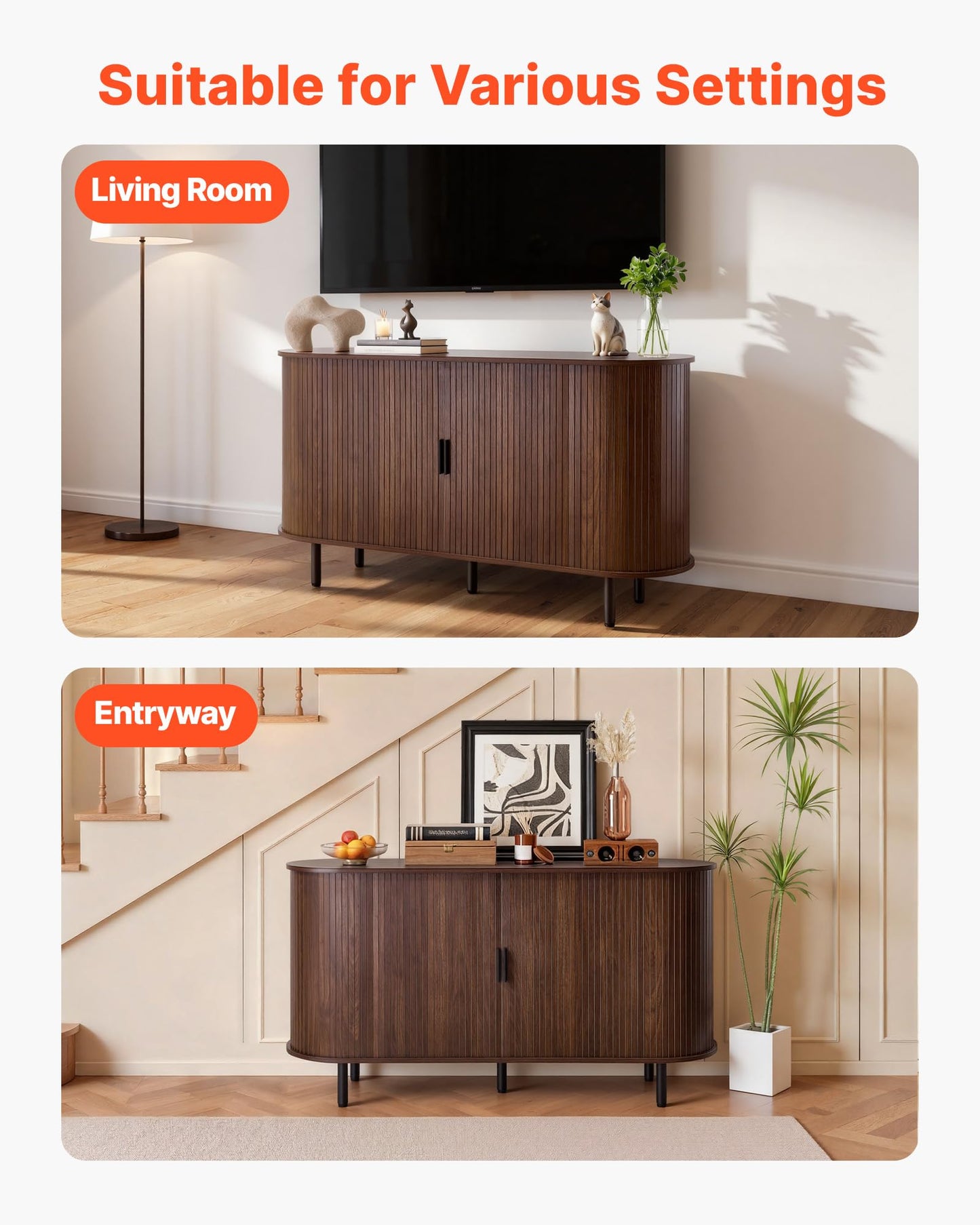 VEVOR Coffee Bar Cabinet, Mid Century Buffet Cabinet with Storage, Sideboard Cabinet with 2 Sliding Doors, Sideboard Buffet Station for Living Room, Entryway, Kitchen, 55.1 x 15.7 x 29.5 in, Walnut