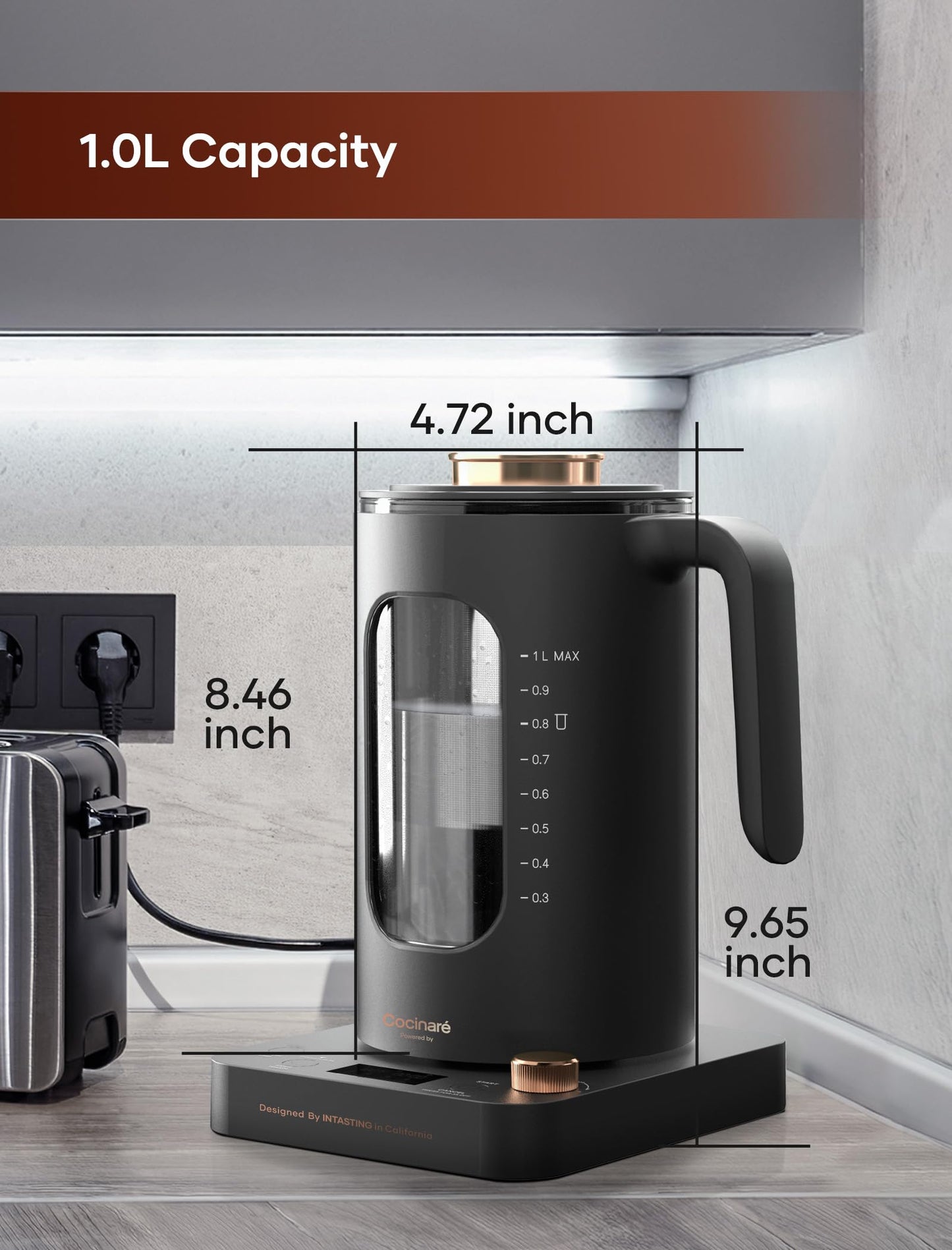 Electric Tea Kettle, INTASTING Glass Electric Kettle with tea Infuser and Precise knob temperature control, 1200W Fast Heating, BPA-Free, Easy to Clean, for Tea and coffee, 1 Liter (Dark Gray)