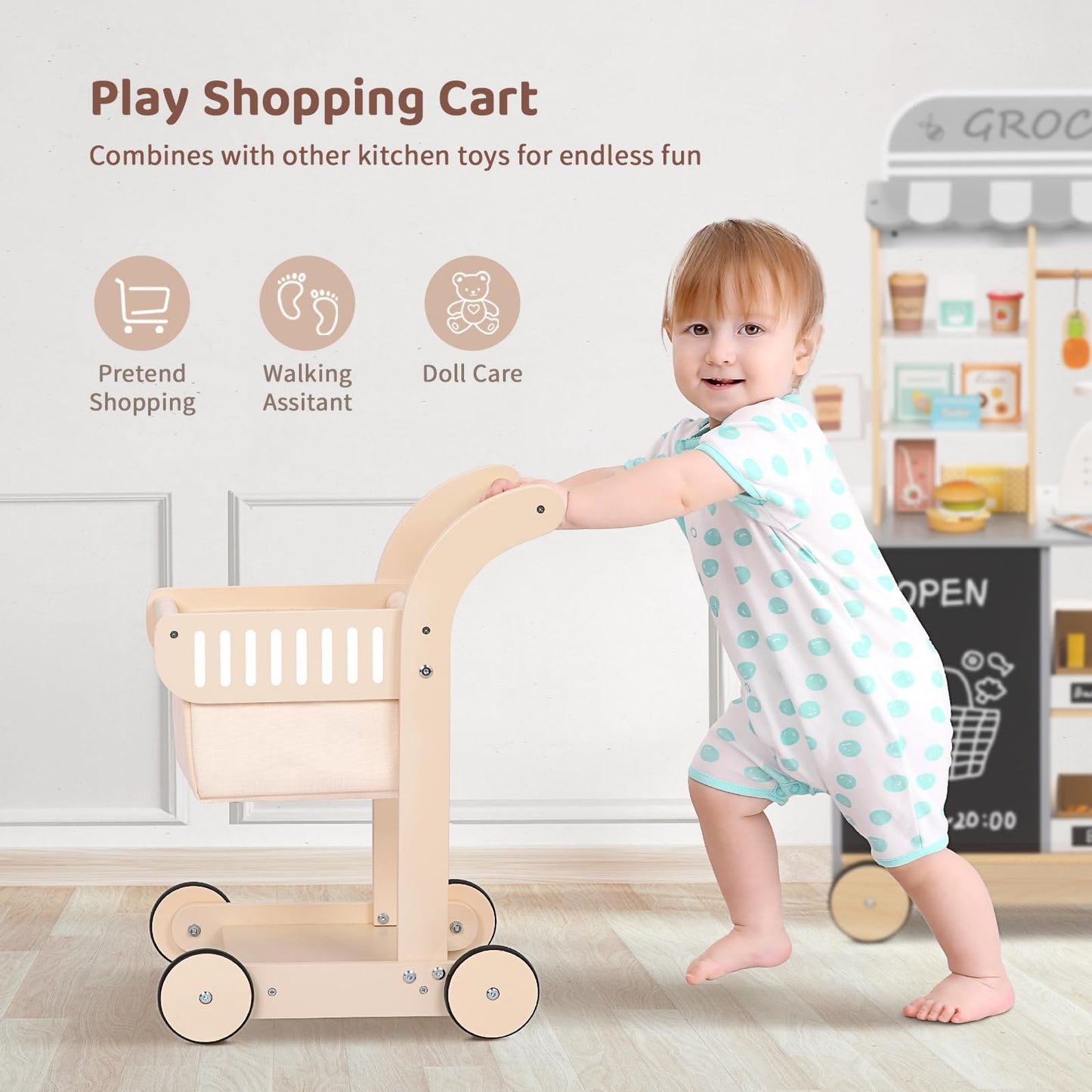 OOOK Baby Push Walker Doll Stroller, Wooden Baby Walker for Girls and Boys, Kids Shopping Cart for Toddlers, Kids Stand Learning Walker with 4 Wheels