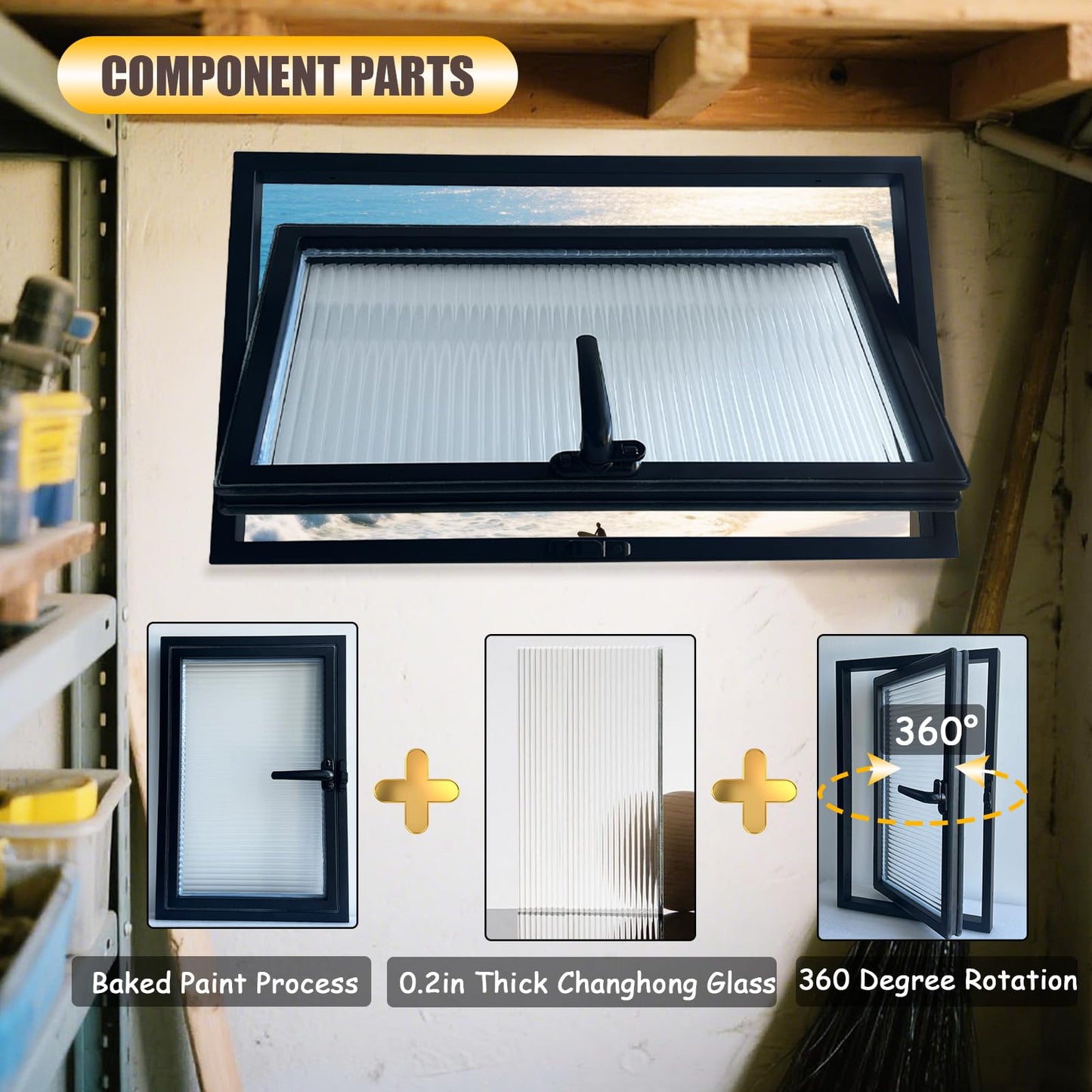 36x24in Windows for houses, 360° Rotation Sliding Window, Flush Mount Rotating Ventilated Windows, Basement Window with Tempered Glass, for Bathroom/Kitchen/Warehouse/Playhouse (White, 36x24in)
