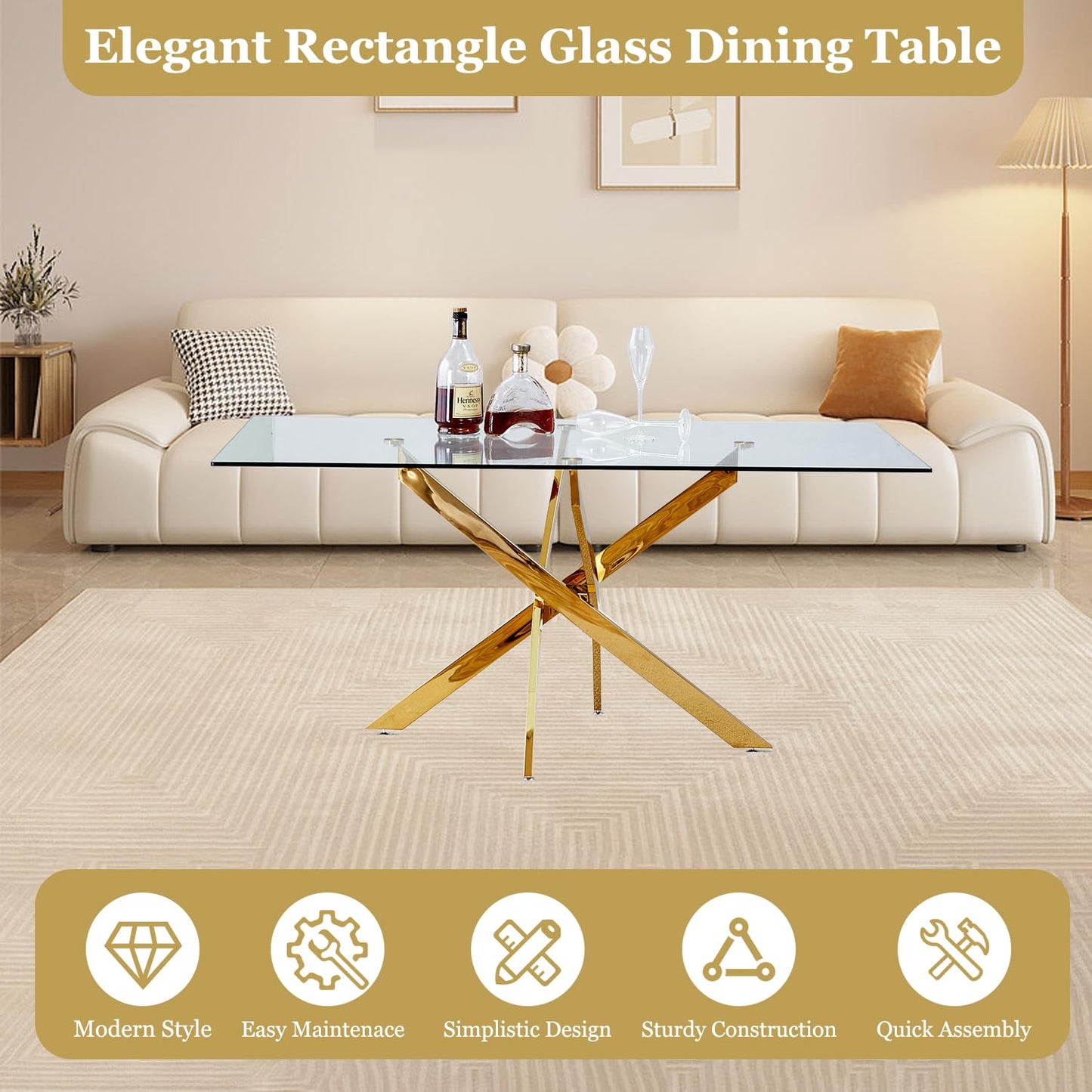 HAIZAO 63" Glass Dining Table for 4-6, Contemporary Rectangular Dining Room Table with Tempered Glass Top & Gold Finish Stainless Steel Legs, Modern Large Dining Table for Home Kitchen