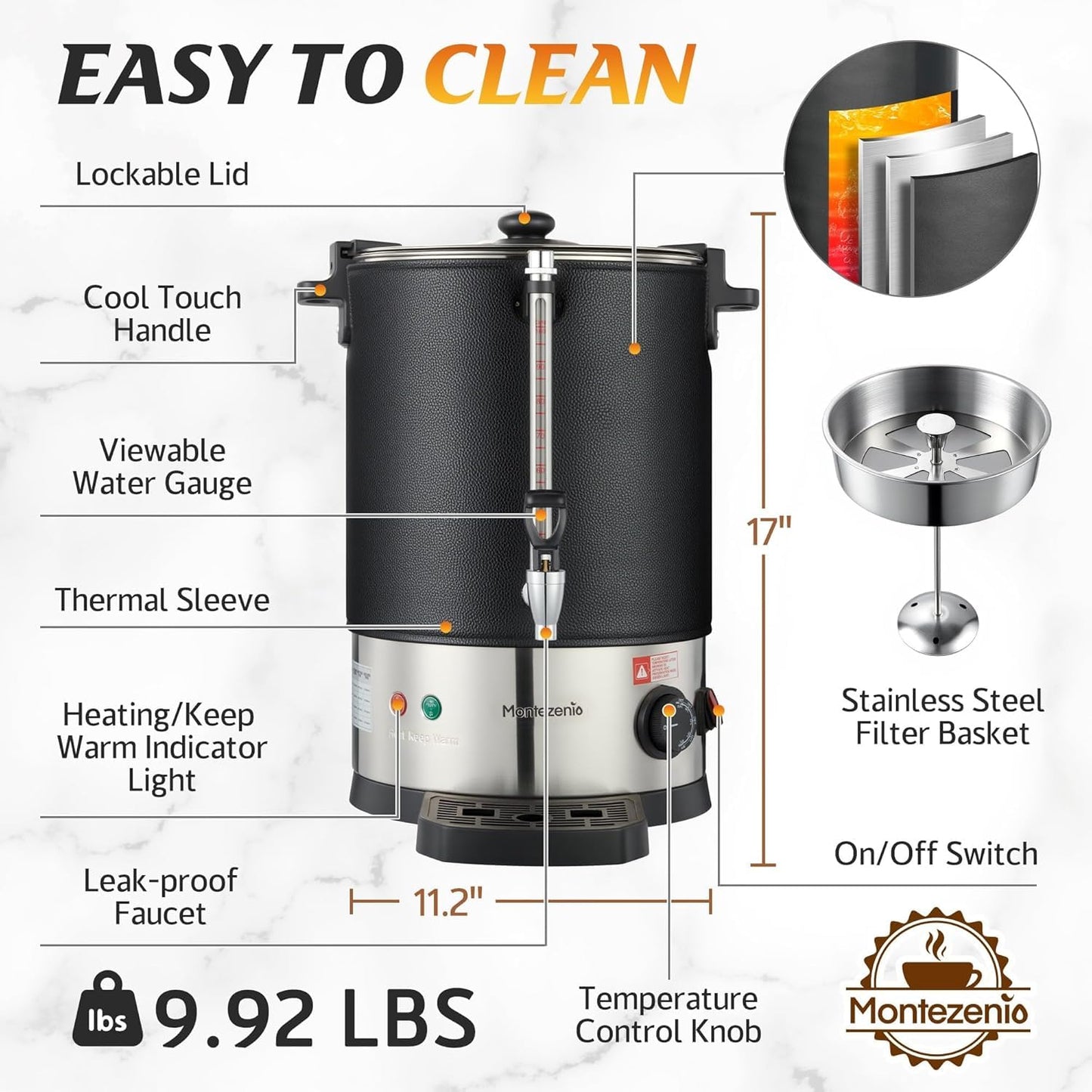 100 Cup Coffee Maker Machine Urn - Large Percolator Pot Dispenser With Double-Wall Stainless Steel, Quick Brew, Stays Hot - Also for Water, Tea, Beverage at Events & Catering Commercial Coffee Urn