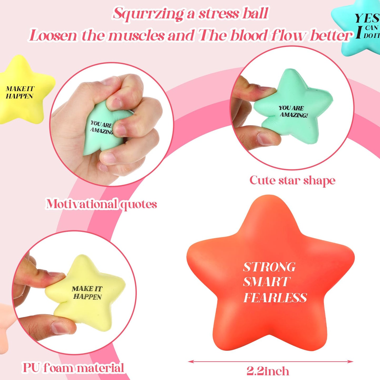 Sotiff 100 Pack Star Stress Balls Bulk for Adults Kids Stress Relief Balls with Motivational Quotes Mini Inspirational Foam Squeeze Gifts Party Favors Toys for Anger Fidget Relief(Cute Colors)