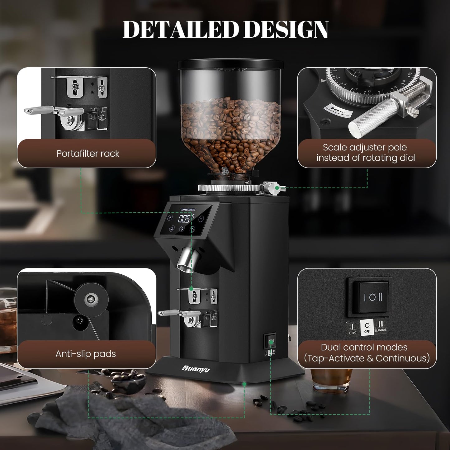 Huanyu Commercial Coffee Grinder with 74mm Flat Burr Reinforced 53oz Bean Hopper (40% Thicker), 15 Stepless Grinds, Touch Screen Black