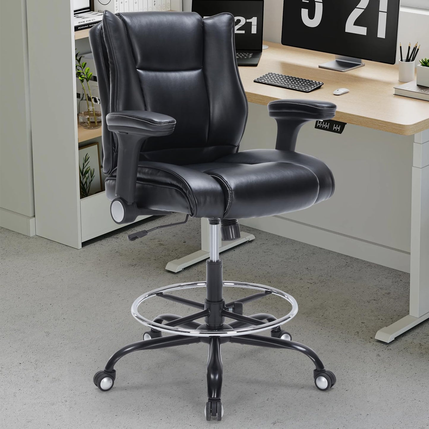 OLYFING Drafting Chair, Tall Office Chair with Padded Adjustable Arms and Footring PU Leather Standing Desk Chair with Extra Thicken Seat Cushion, Comfy High Office Chair for Counter Height Desk