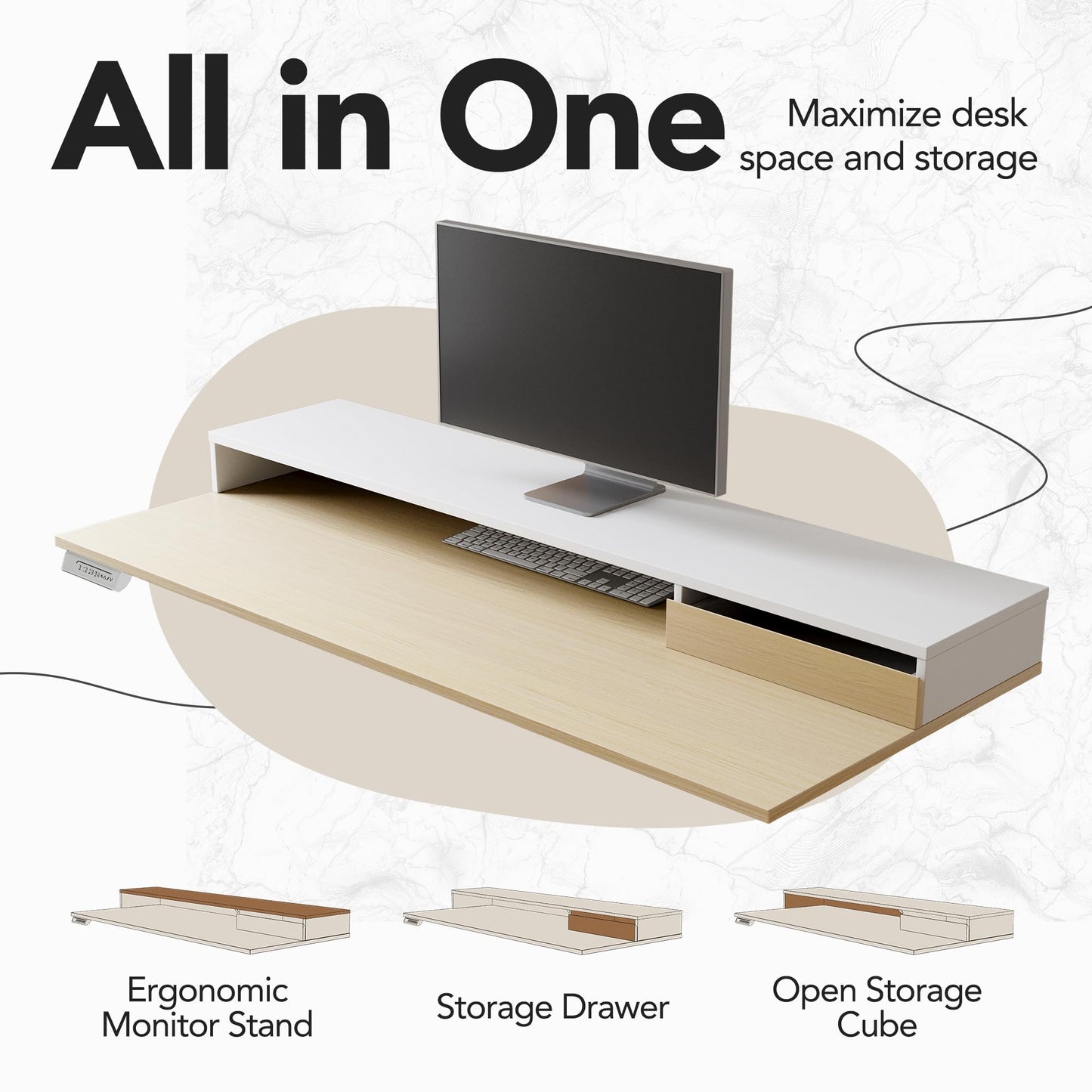 HUANUO Electric Standing Desk with File Cabinet, 47 Inch Height Adjustable Desk with Storage Drawers, Ergonomic Stand Up Table Compatible with Monitor Stand, Light Walnut