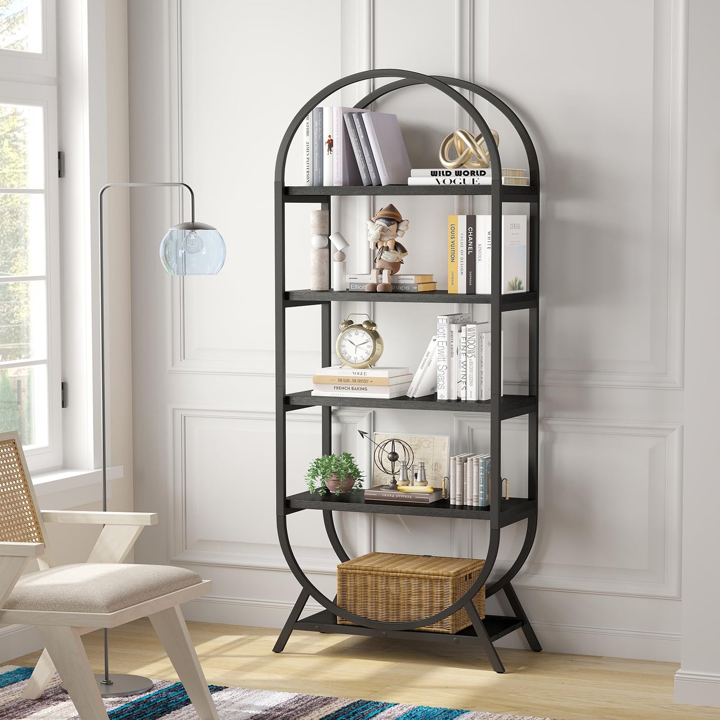 Kogven Bookshelf Arched Bookcase, Industrial 5 Tier Open Book Shelves with Metal Frame, 72" Tall Freestanding Display Rack for Home Office, Living Room, Black