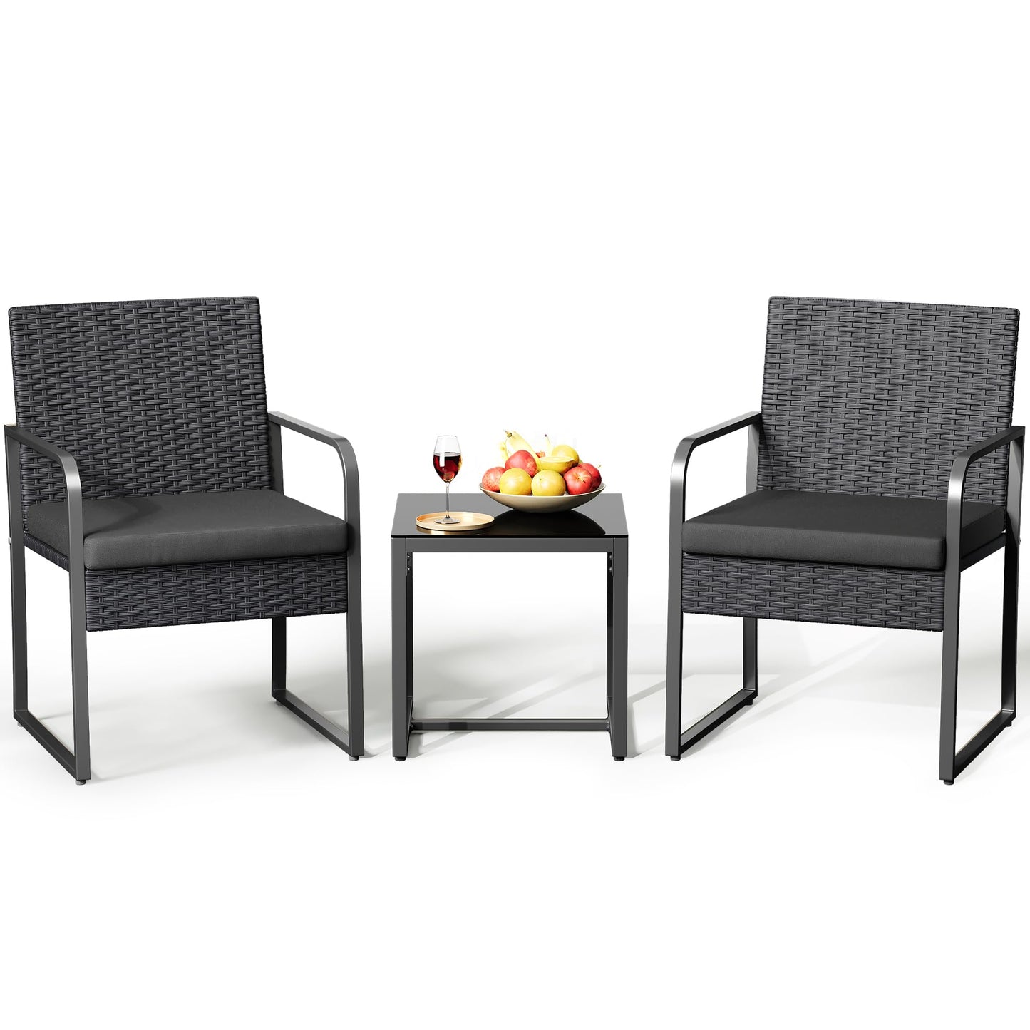 Gizoon 3 Pieces Patio Bistro Sets, Outdoor Rattan Conversation with Glass Table, Wicker Furniture Set with Cushion, for Backyard, Porch, Poolside, Lawn, Black