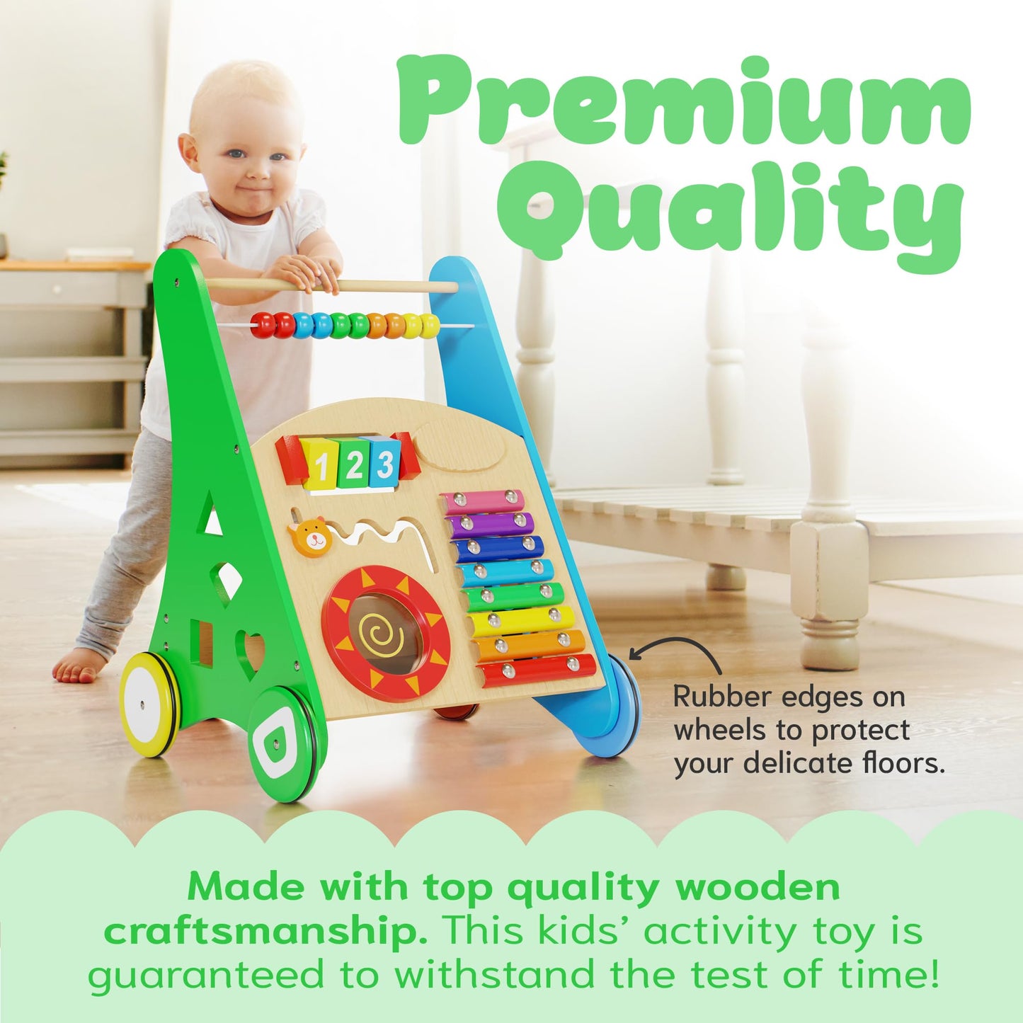 Wooden Baby Walker with Activity Center for Toddler Boys & Girls - Montessori Baby Push Walker Toy with Adjustable Speed - Baby Walker with Wheels for Kids Development by KIDDERY TOYS
