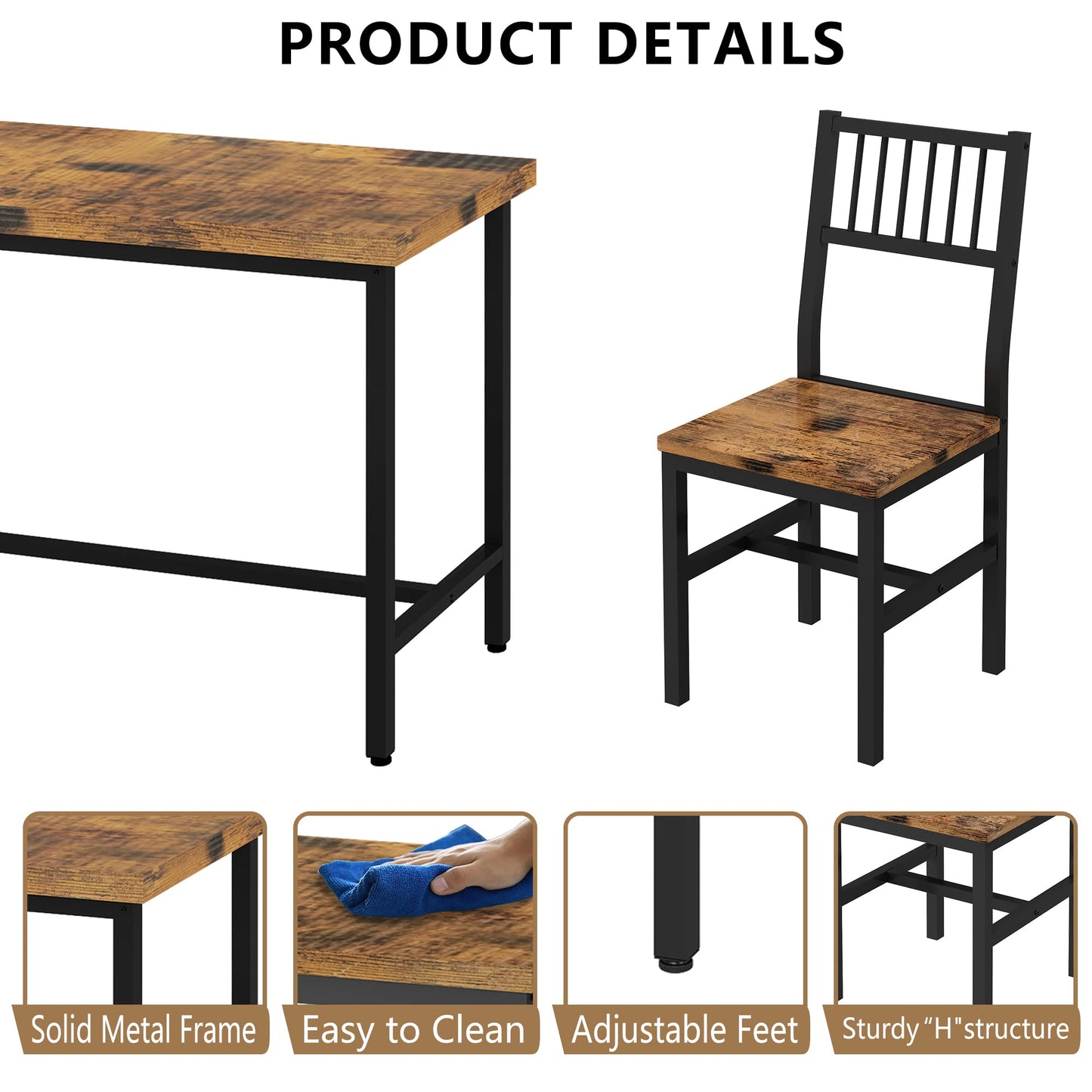 AWQM 43.3 Inch Dining Table Set for 4,Industrial Table with 4 Curved Chairs Set,5-Piece Rectangular Kitchen Table Set for Dining Room,Breakfast Nook,Small Space