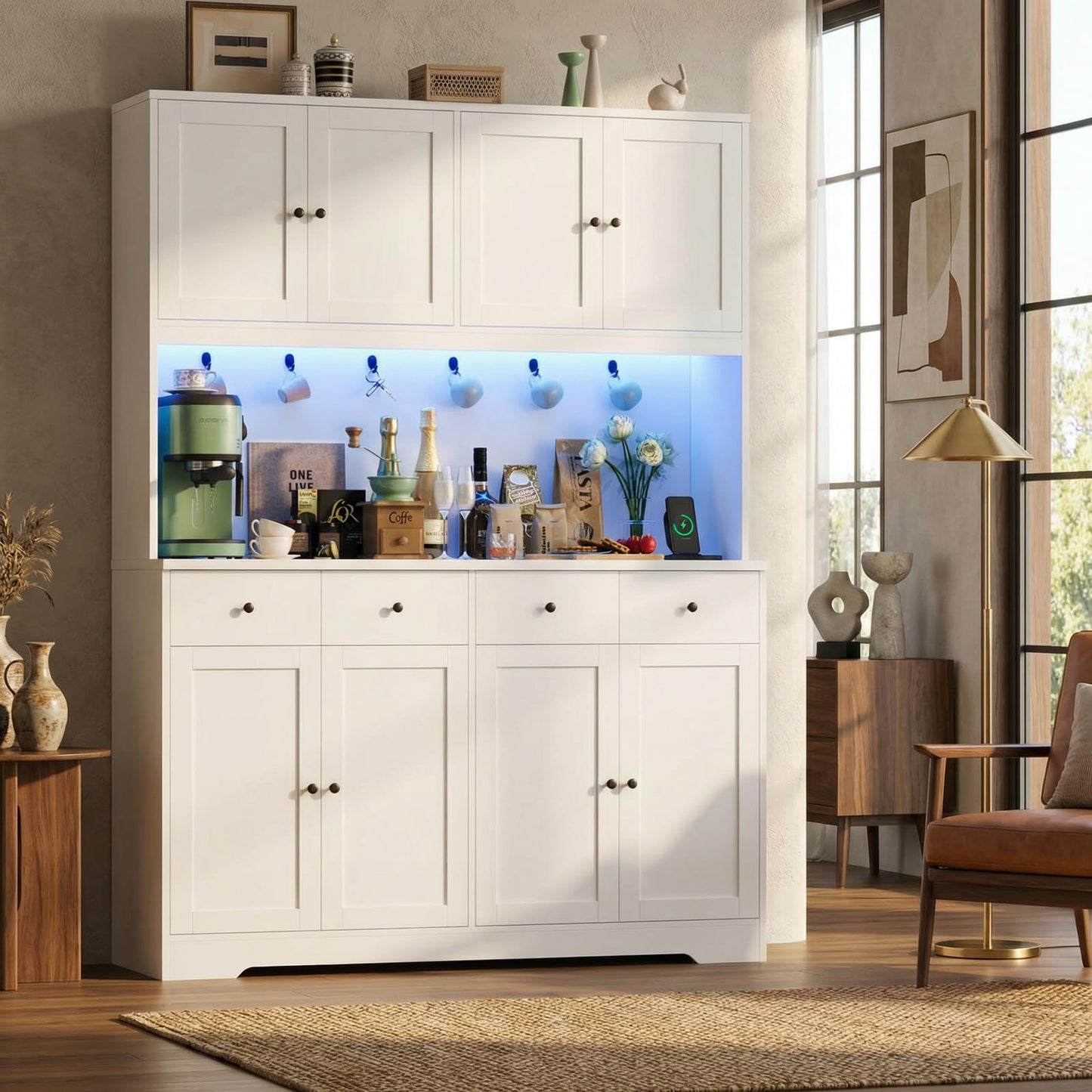 HIFIT 72" LED Kitchen Pantry Cabinet with Power Outlet & Cup Hooks, Tall Kitchen Hutch Storage Cabinets with Countertop Microwave Stand, Food Pantry Cabinet with Drawers for Dining Living Room, White