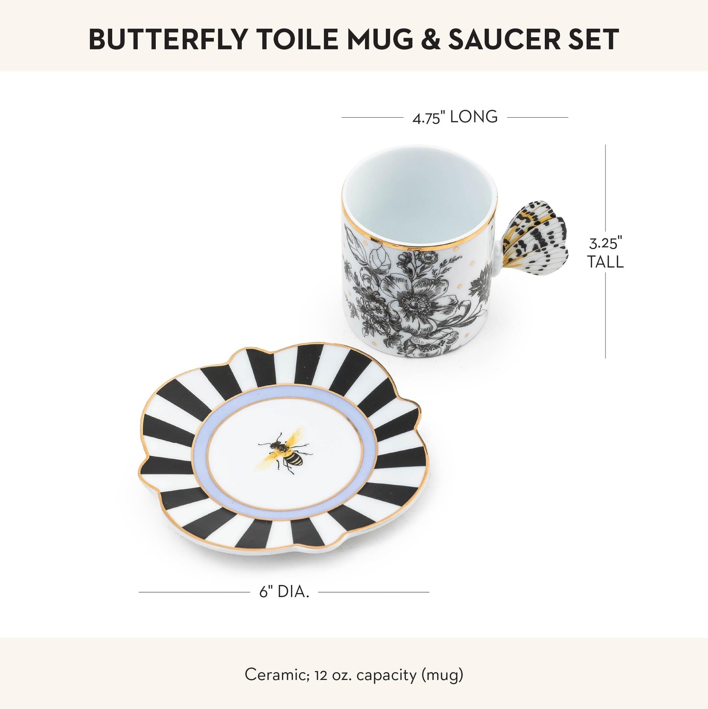 MACKENZIE-CHILDS Butterfly Toile Ceramic Mug with Saucer, 12 Ounces