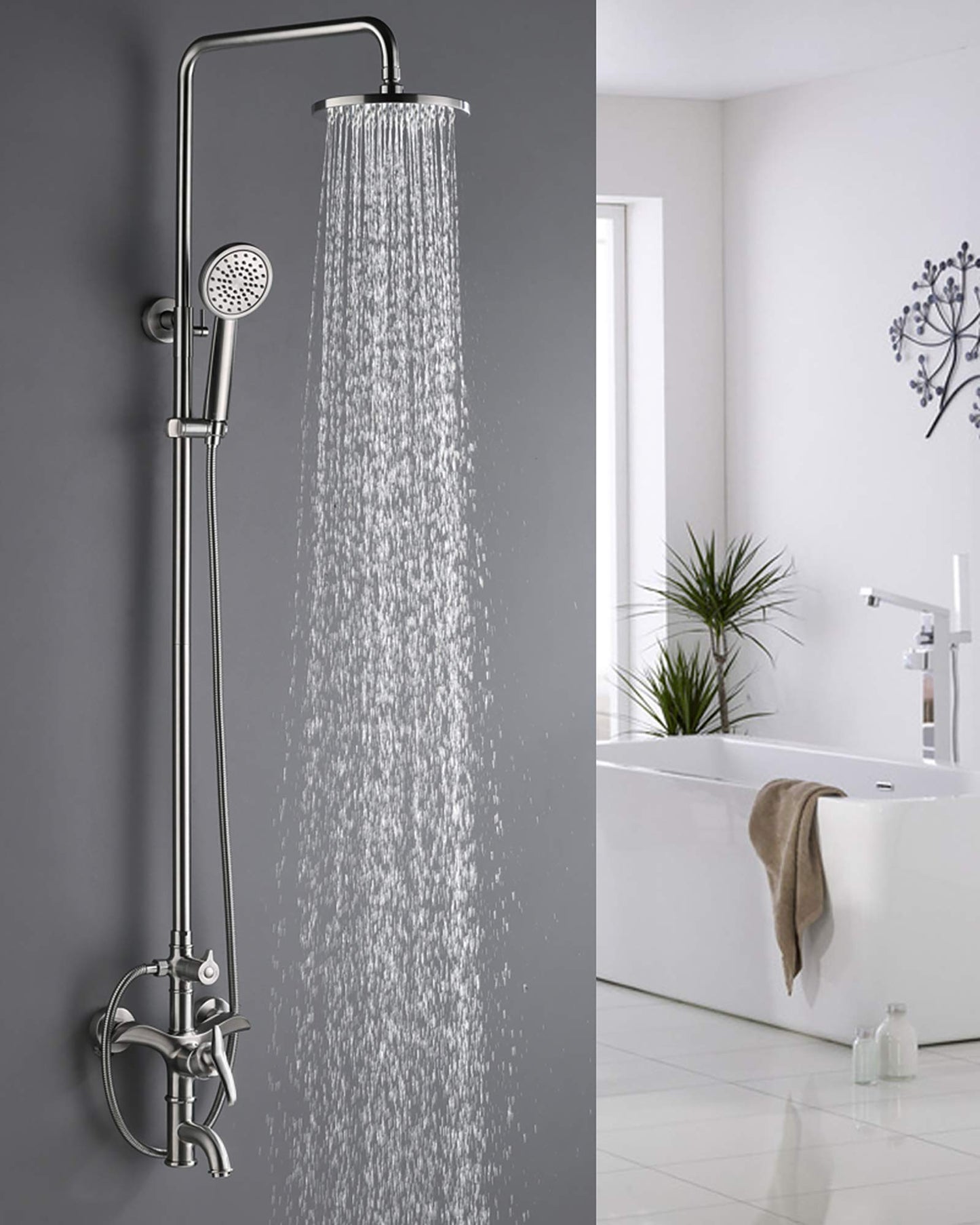 PHASAT Shower Fixtures,SUS 304 Stainless Steel Wall mounted Exposed Shower System,3 Function Outdoor Shower,Brushed Nickel,CT8121
