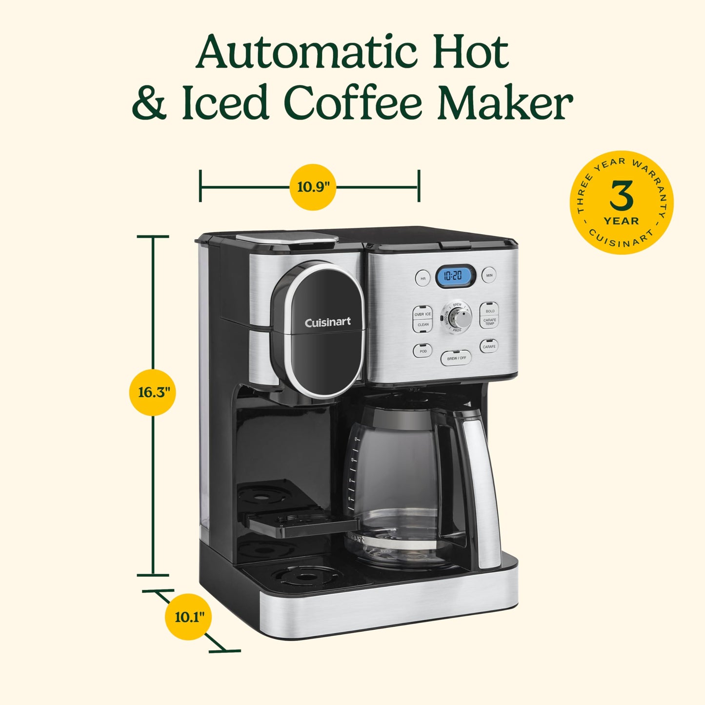 Cuisinart 12-Cup Coffee Maker, Single-Serve Brewer Glass Carafe, Automatic Hot & Iced Coffee Machine, Brew Strength Control and Pause, SS-16, Stainless Steel